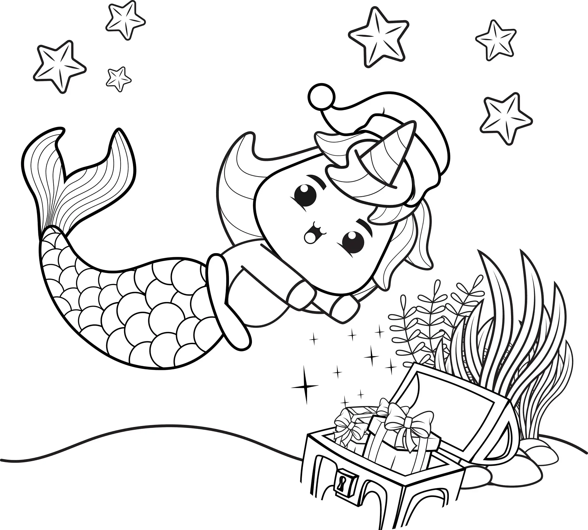 Ausmalbild Meerjungfrau findet Schatztruhe voller Geschenke
