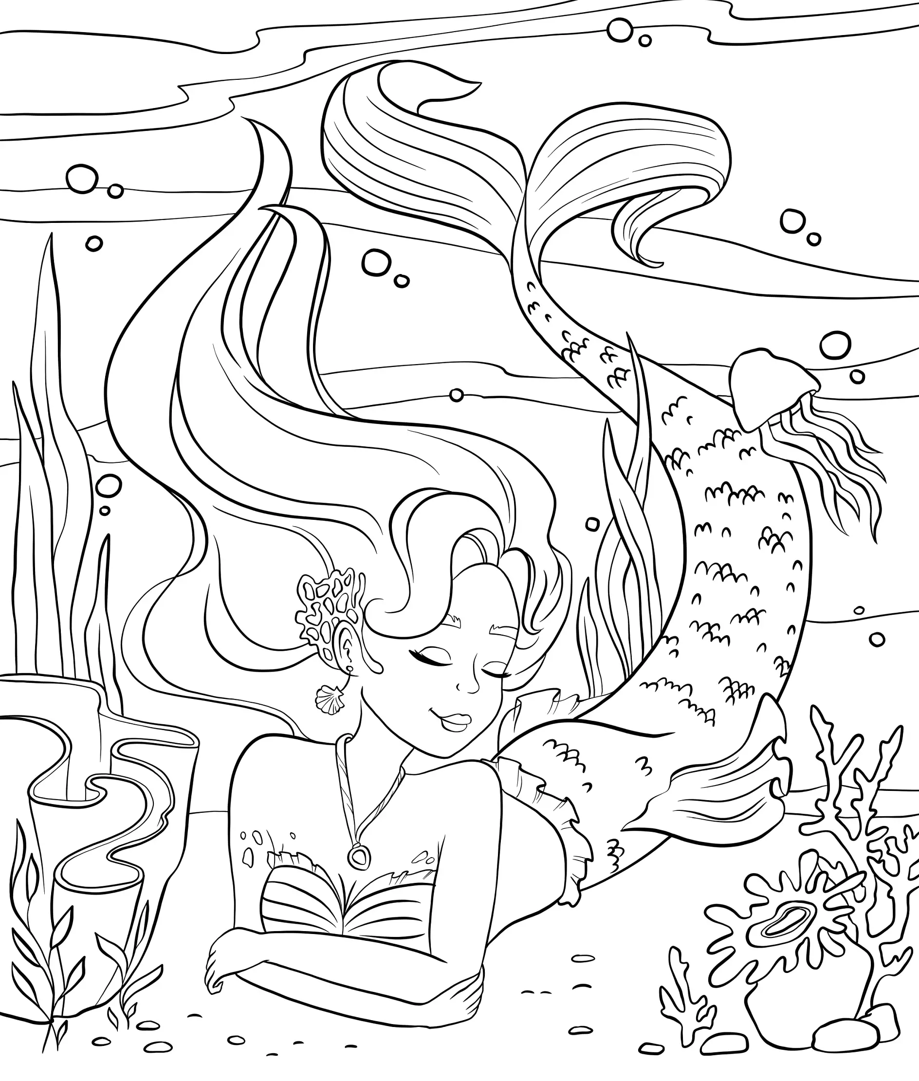 Ausmalbild Meerjungfrau liegt am Meeresboden umgeben von Pflanzen und Korallen