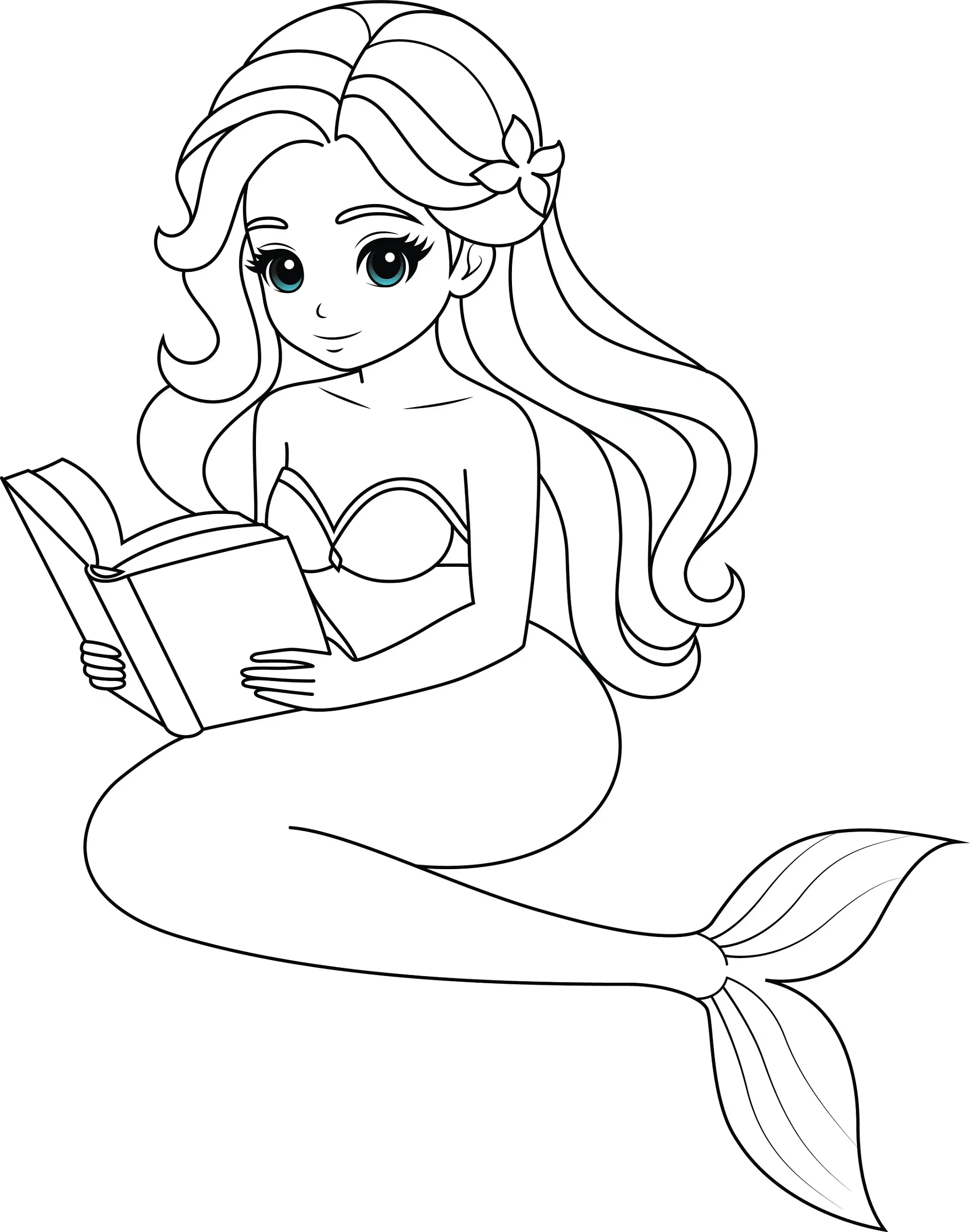 Ausmalbild Meerjungfrau liest ein Buch mit Blumen im Haar
