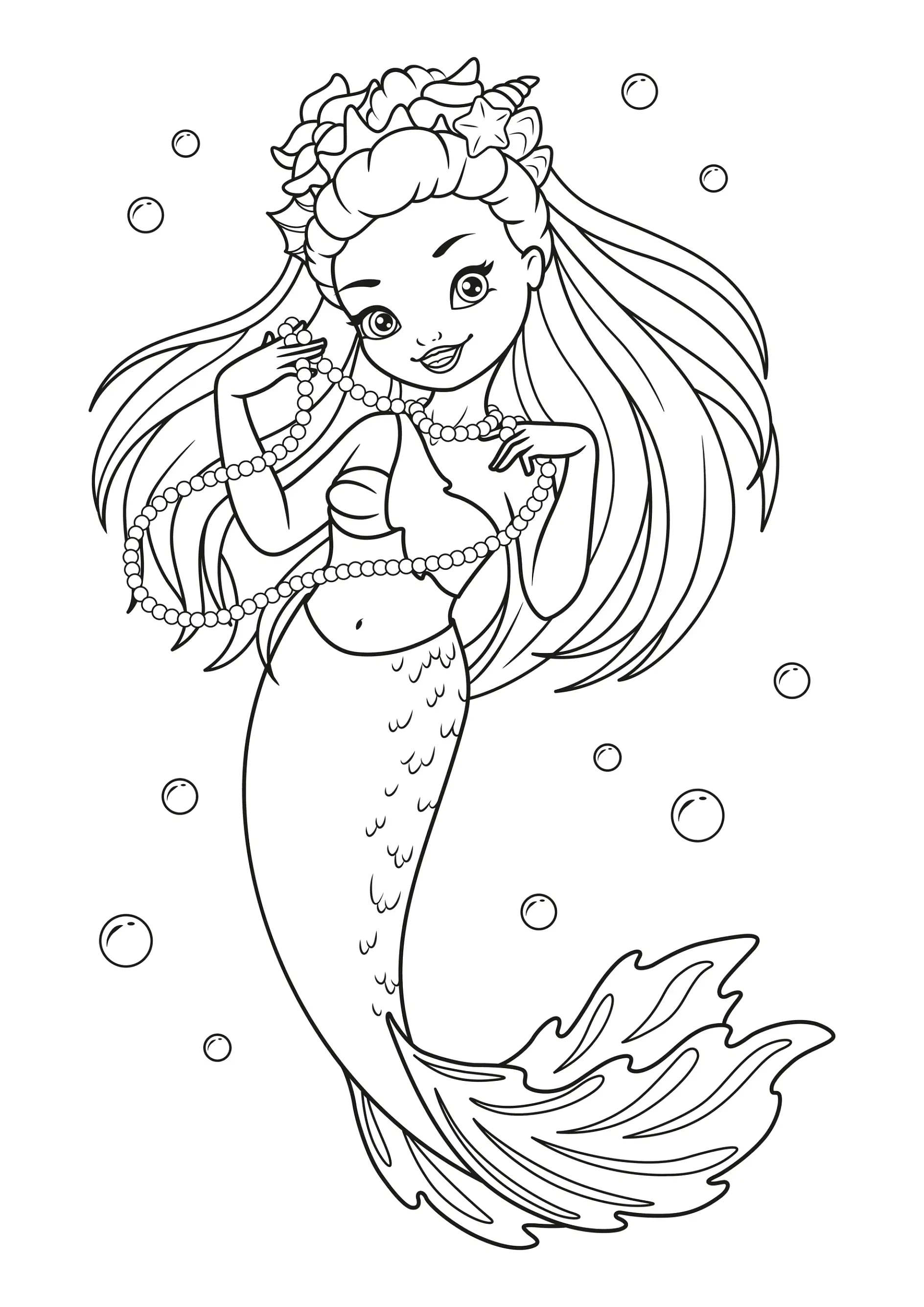 Ausmalbild Meerjungfrau mit Blumenkrone und Perlenkette