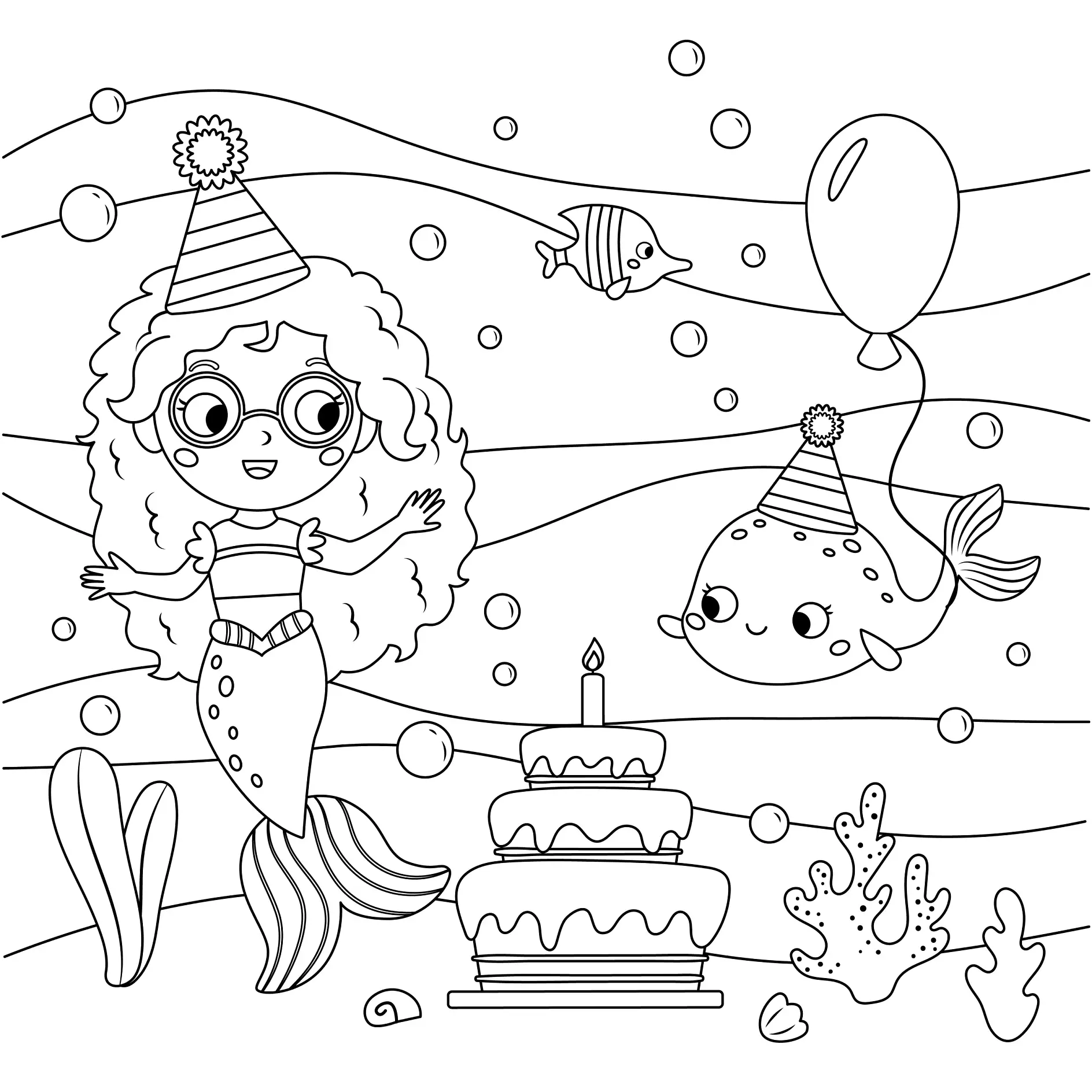 Ausmalbild Meerjungfrau mit Brille feiert eine Party mit einem Fisch und einer Torte