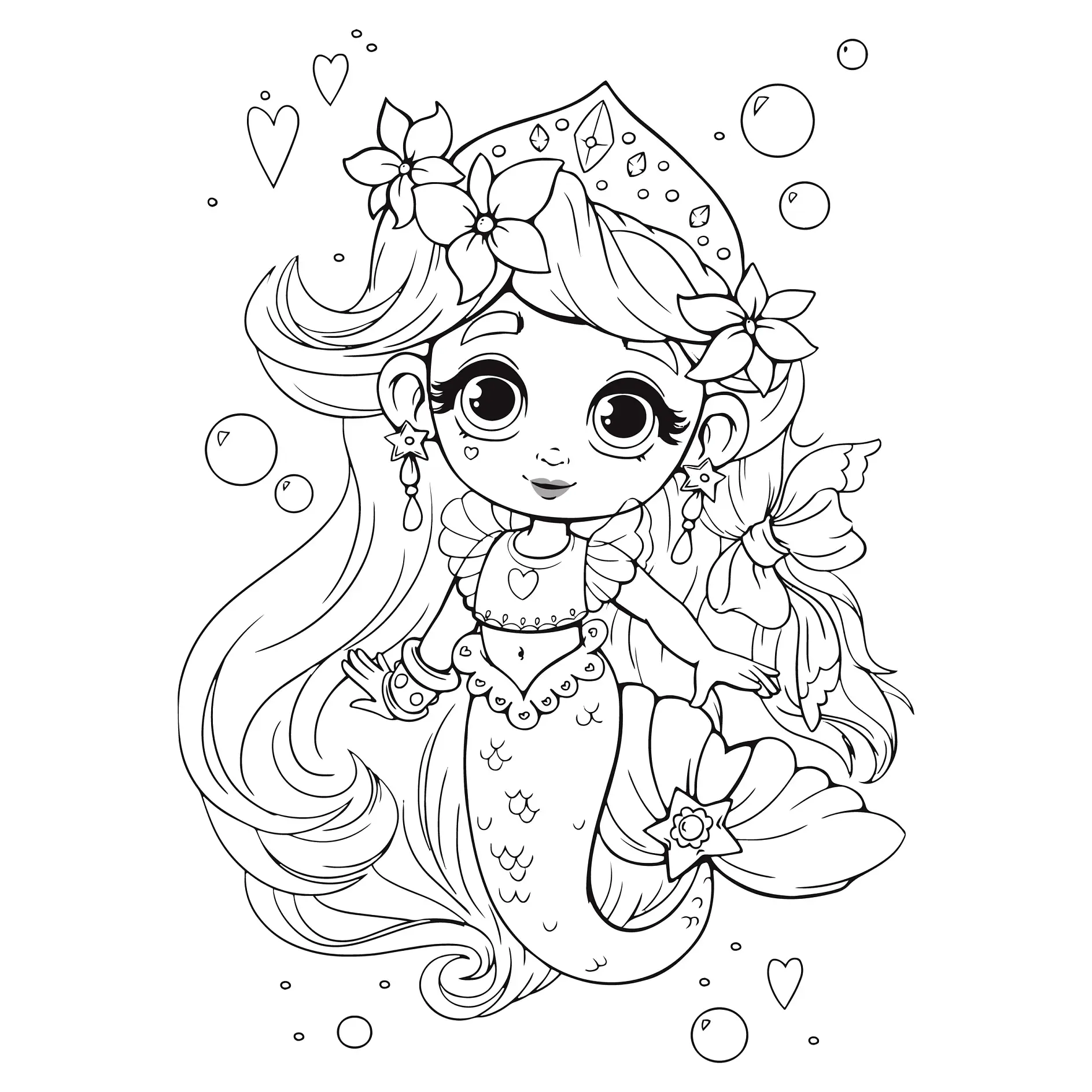 Ausmalbild Meerjungfrau mit Diadem und Blumen im Haar lächelt freundlich