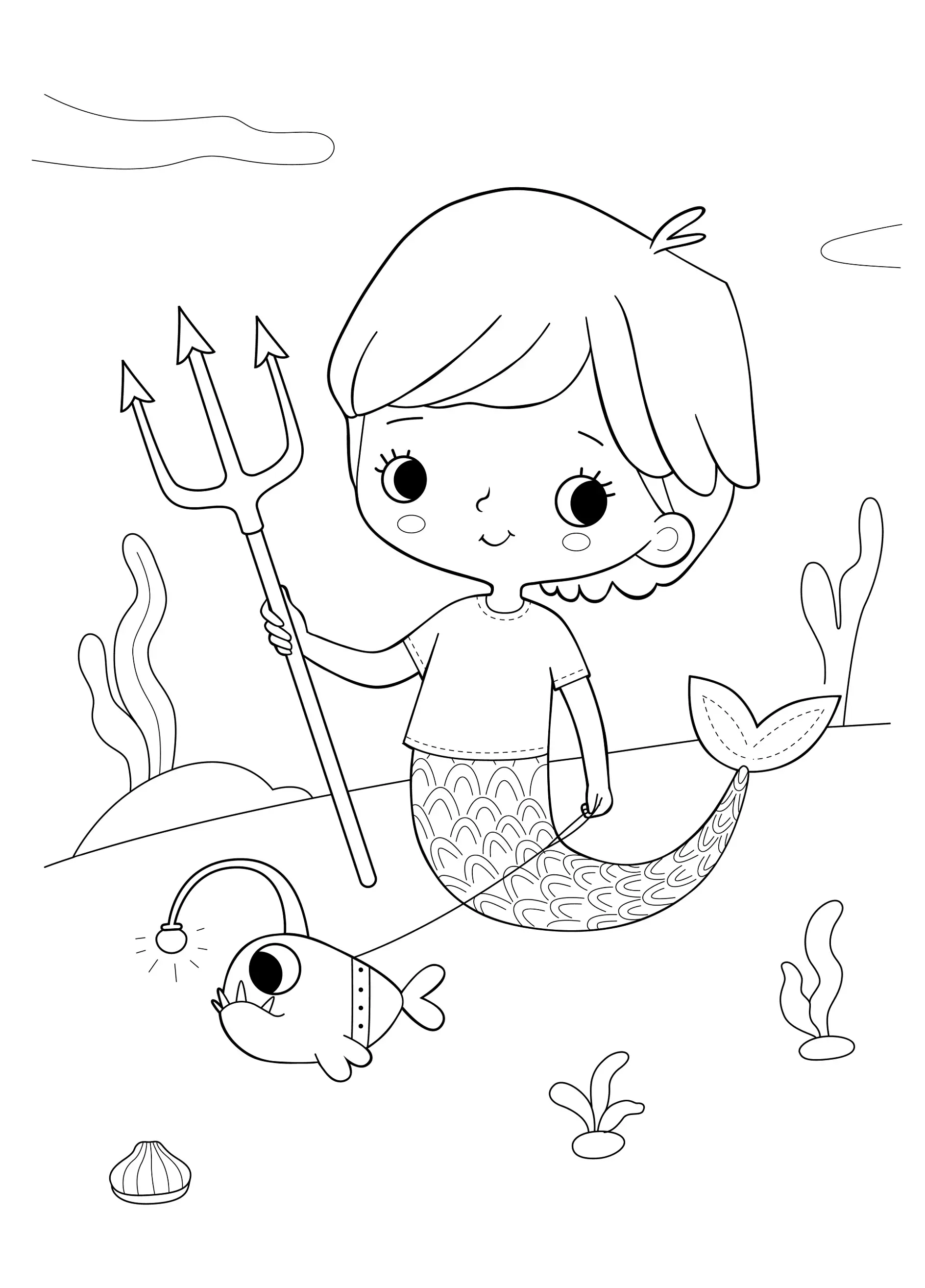 Ausmalbild Meerjungfrau mit Dreizack und einem Anglerfisch in einer Unterwasserlandschaft