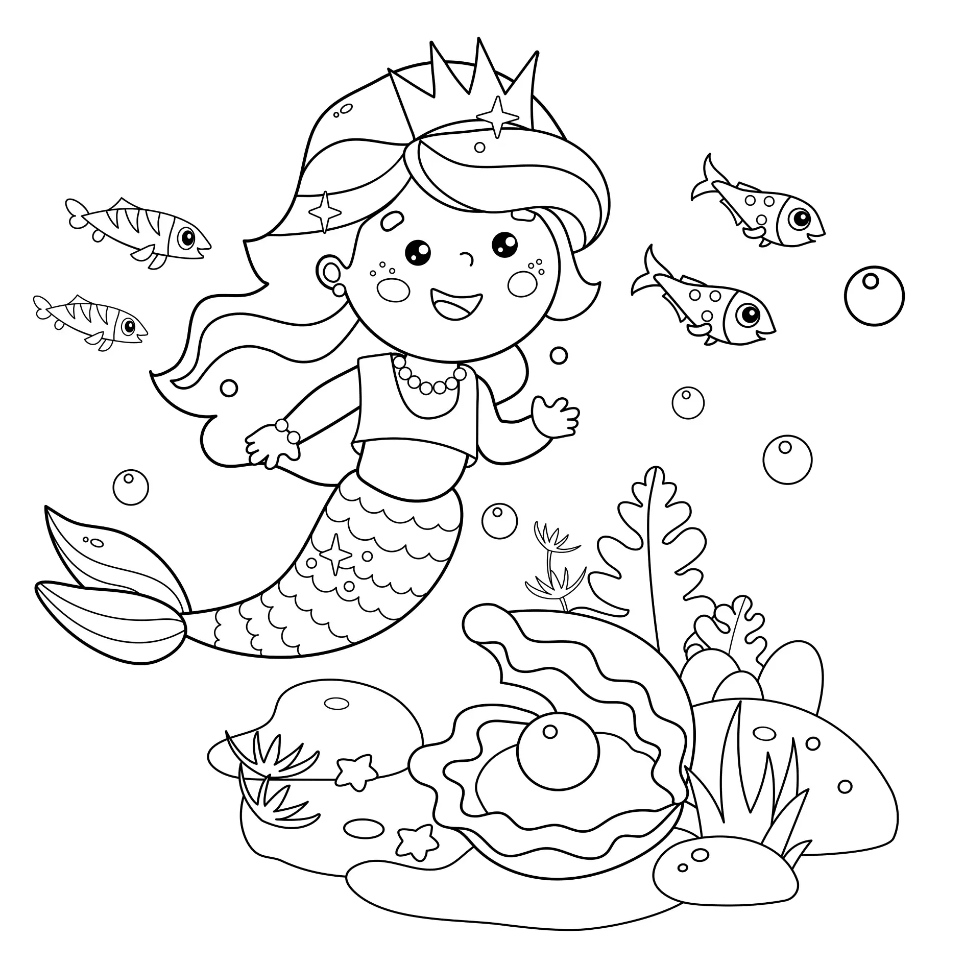 Ausmalbild Meerjungfrau mit Krone schwimmt bei Perle und Fischen