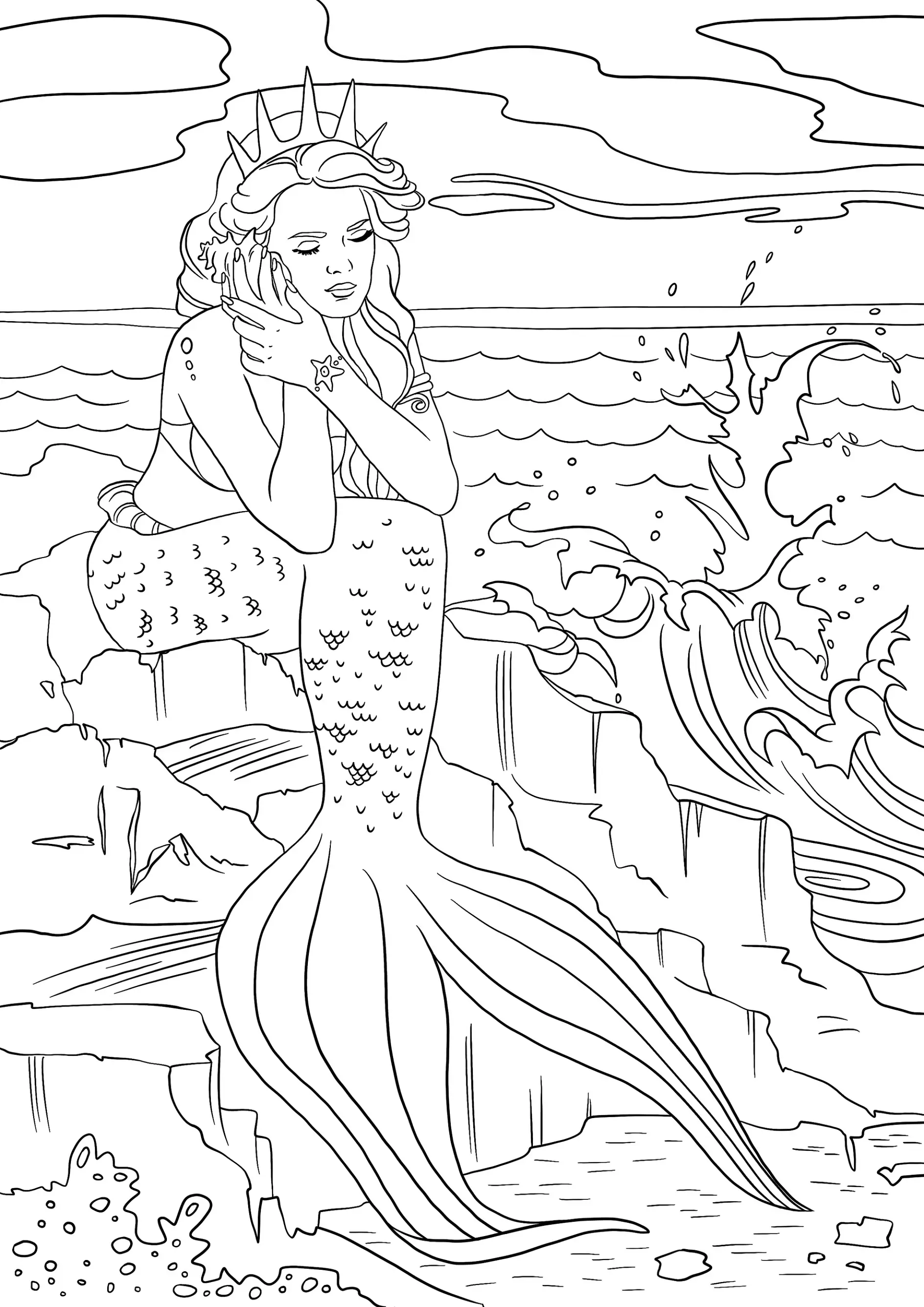 Ausmalbild Meerjungfrau mit Krone sitzt auf Felsen und lauscht Muschel