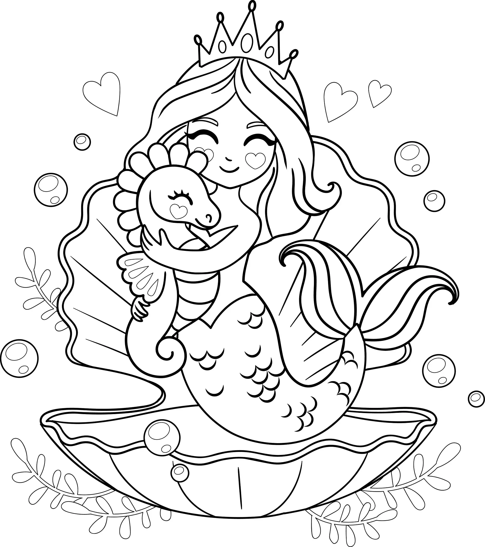 Ausmalbild Meerjungfrau mit Krone umarmt Seepferdchen auf großer Muschel