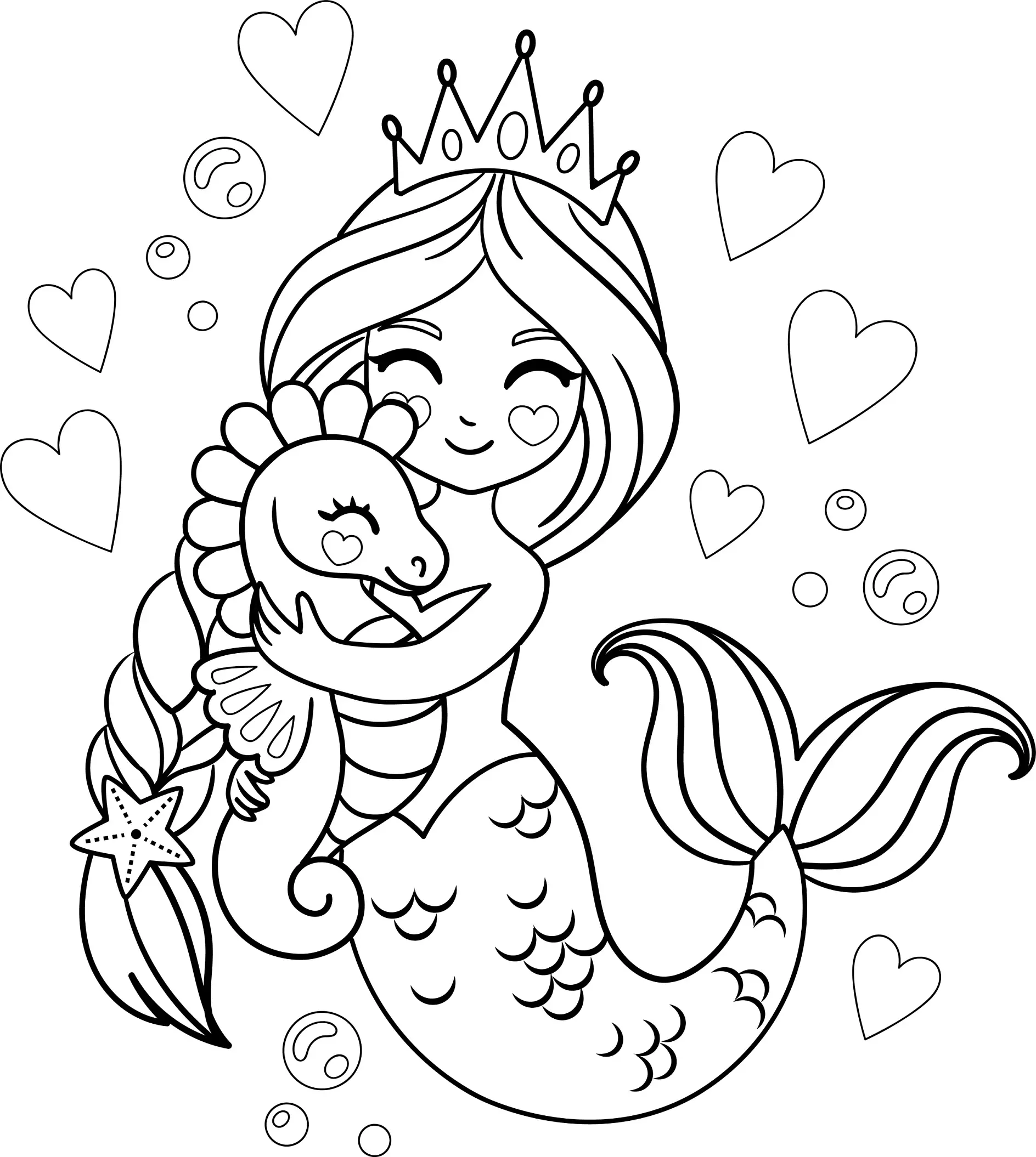 Ausmalbild Meerjungfrau mit Krone umarmt Seepferdchen