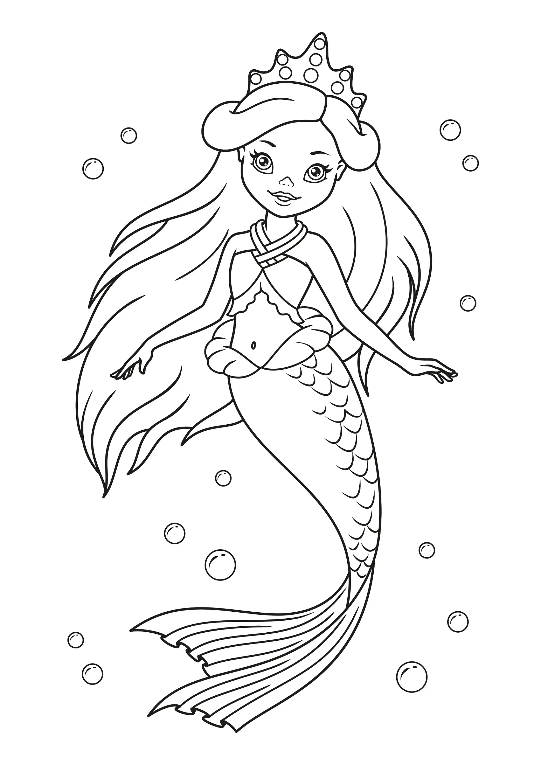 Ausmalbild Meerjungfrau mit Krone und langen Haaren umgeben von Wasserblasen
