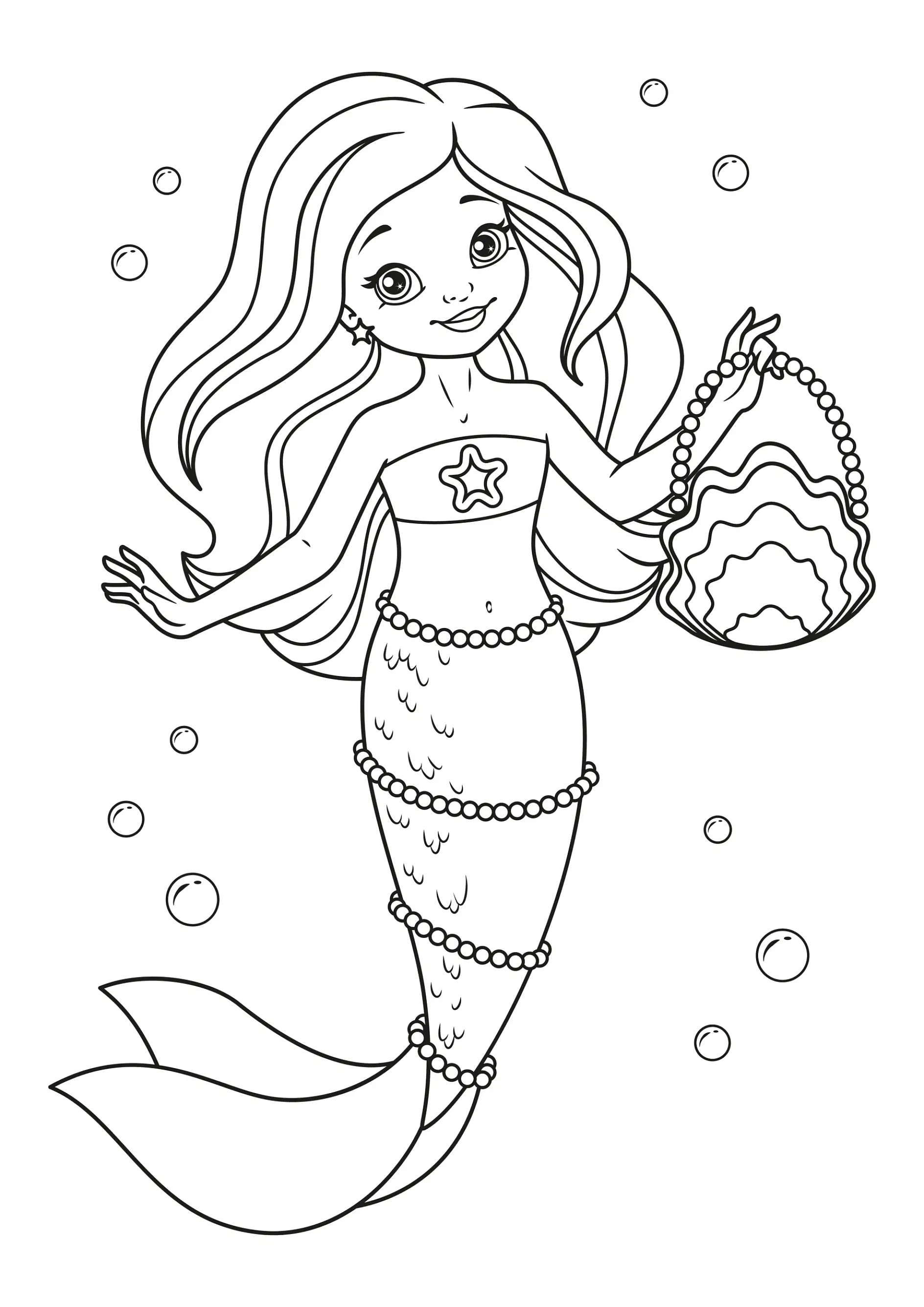 Ausmalbild Meerjungfrau mit Perlenkette und Tasche im Wasser