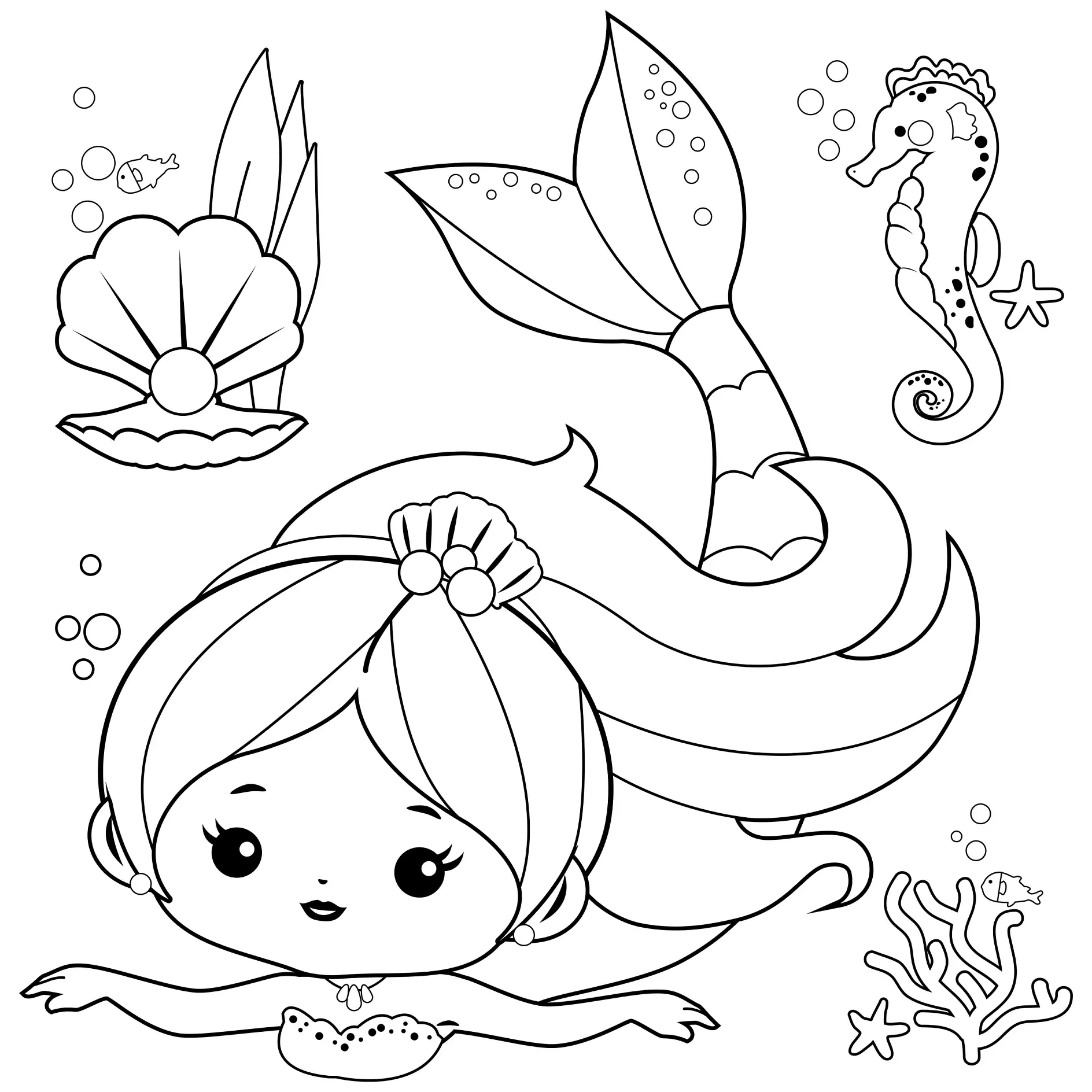 Ausmalbild Meerjungfrau mit Seepferdchen und Muschel