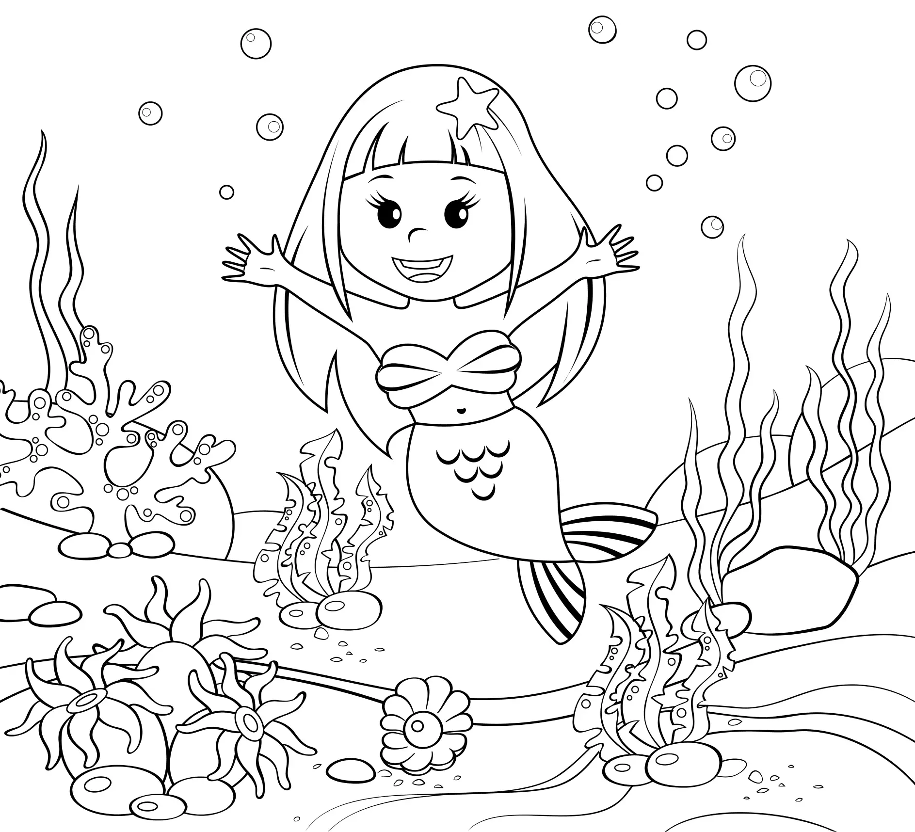 Ausmalbild Meerjungfrau mit Stern im Haar schwimmt fröhlich im Korallenriff