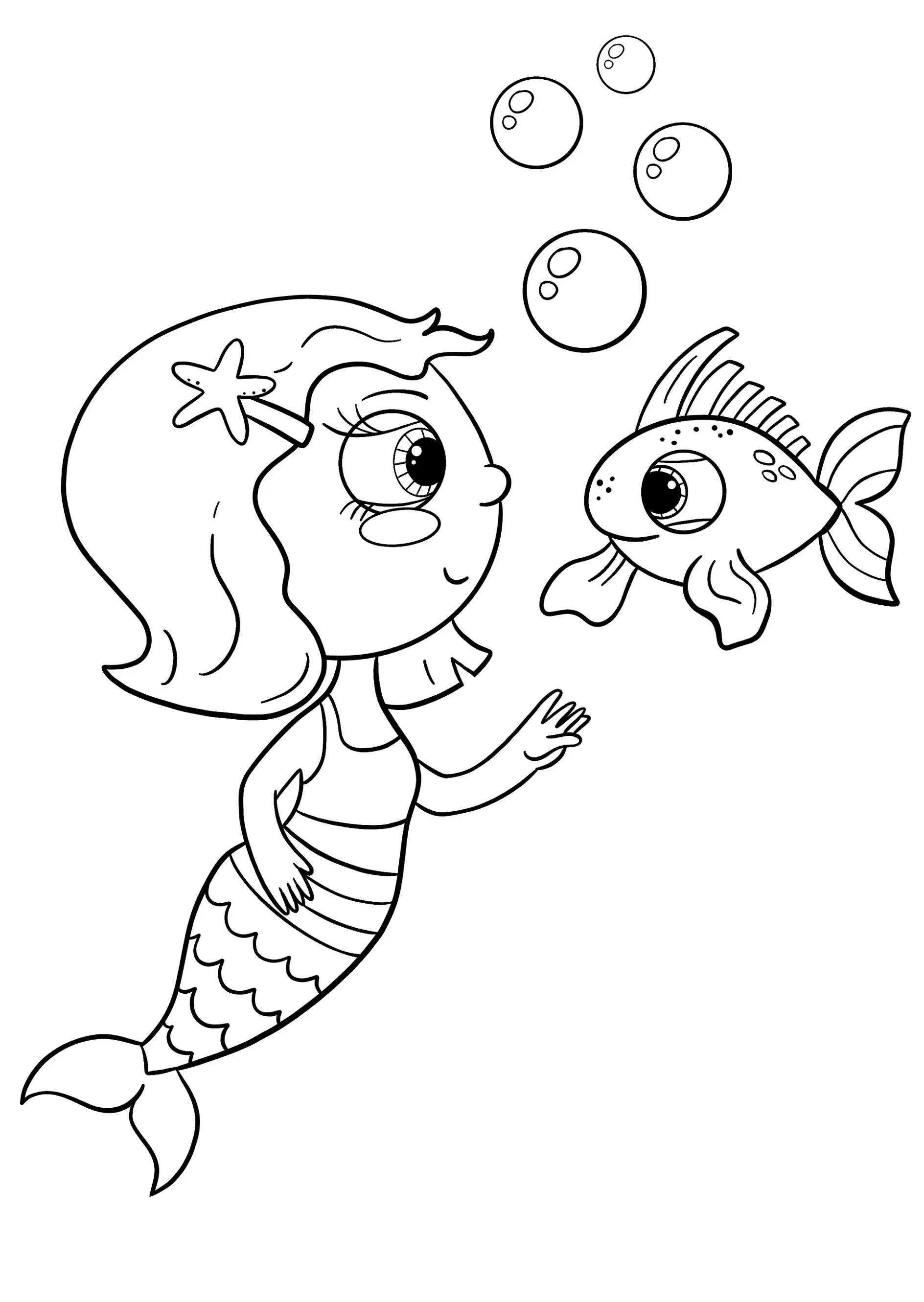 Ausmalbild Meerjungfrau mit Stern im Haar spielt mit Fisch