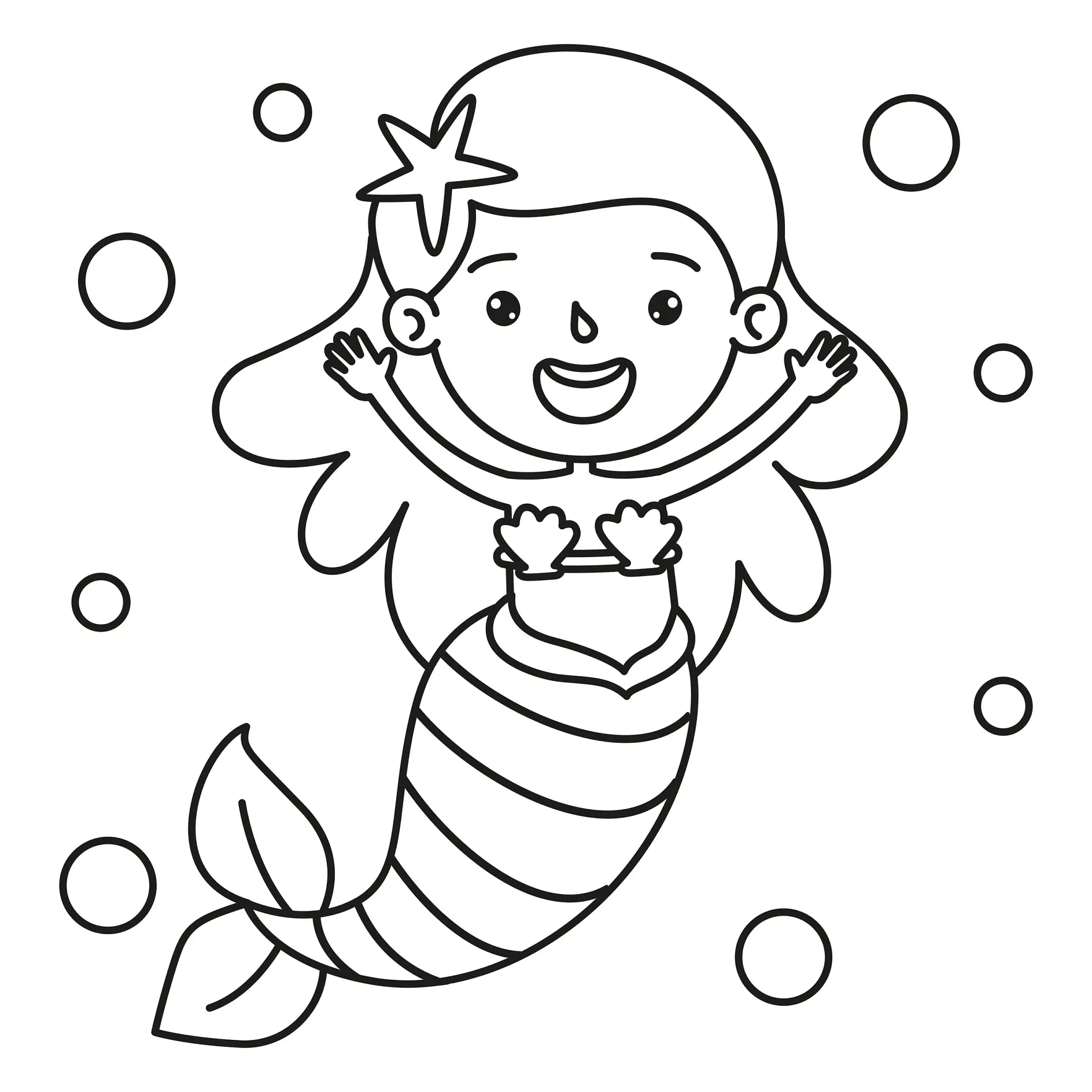 Ausmalbild Meerjungfrau mit Stern im Haar und fröhlichem Gesicht