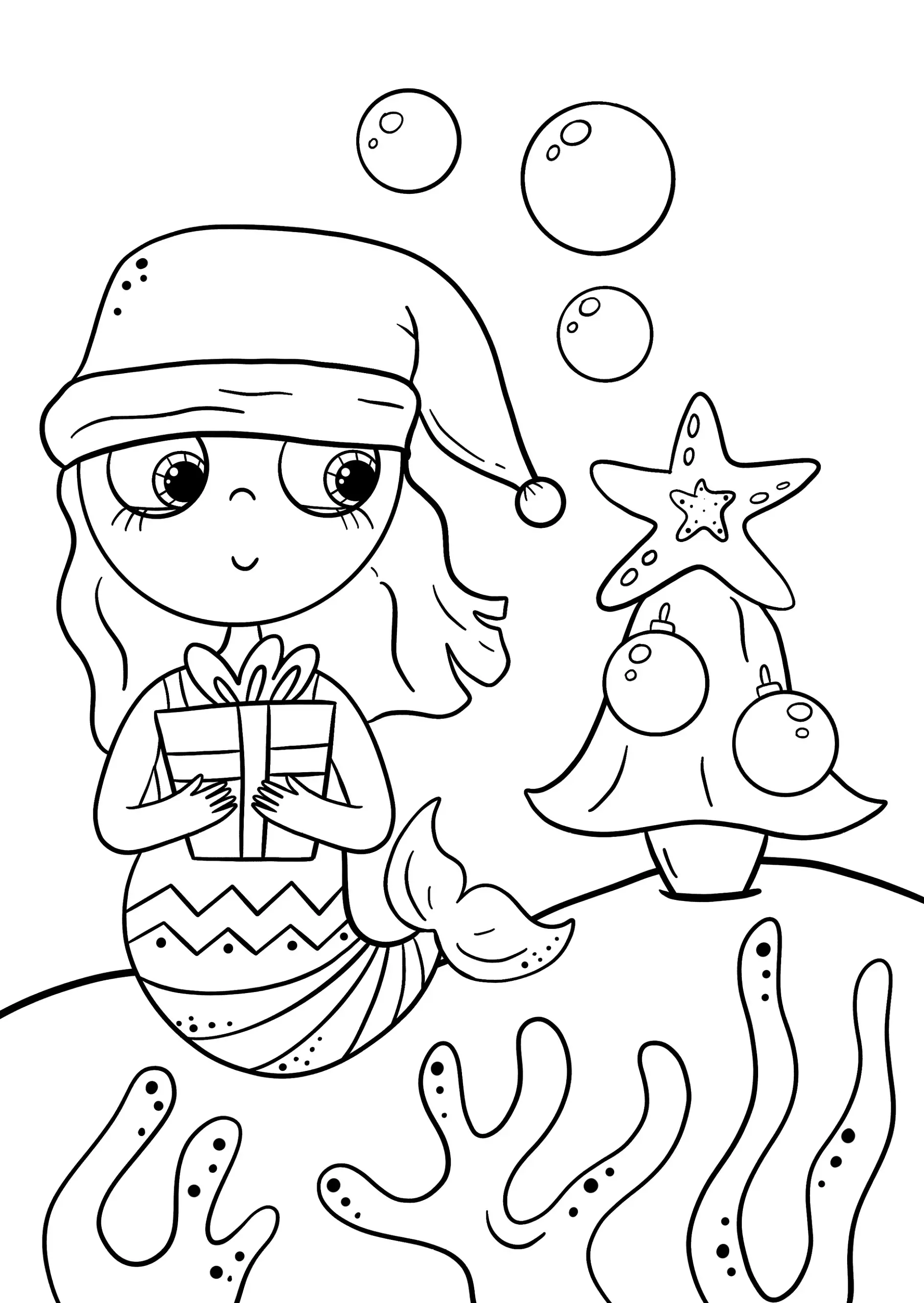 Ausmalbild Meerjungfrau mit Weihnachtsmütze hält Geschenk neben Weihnachtsbaum