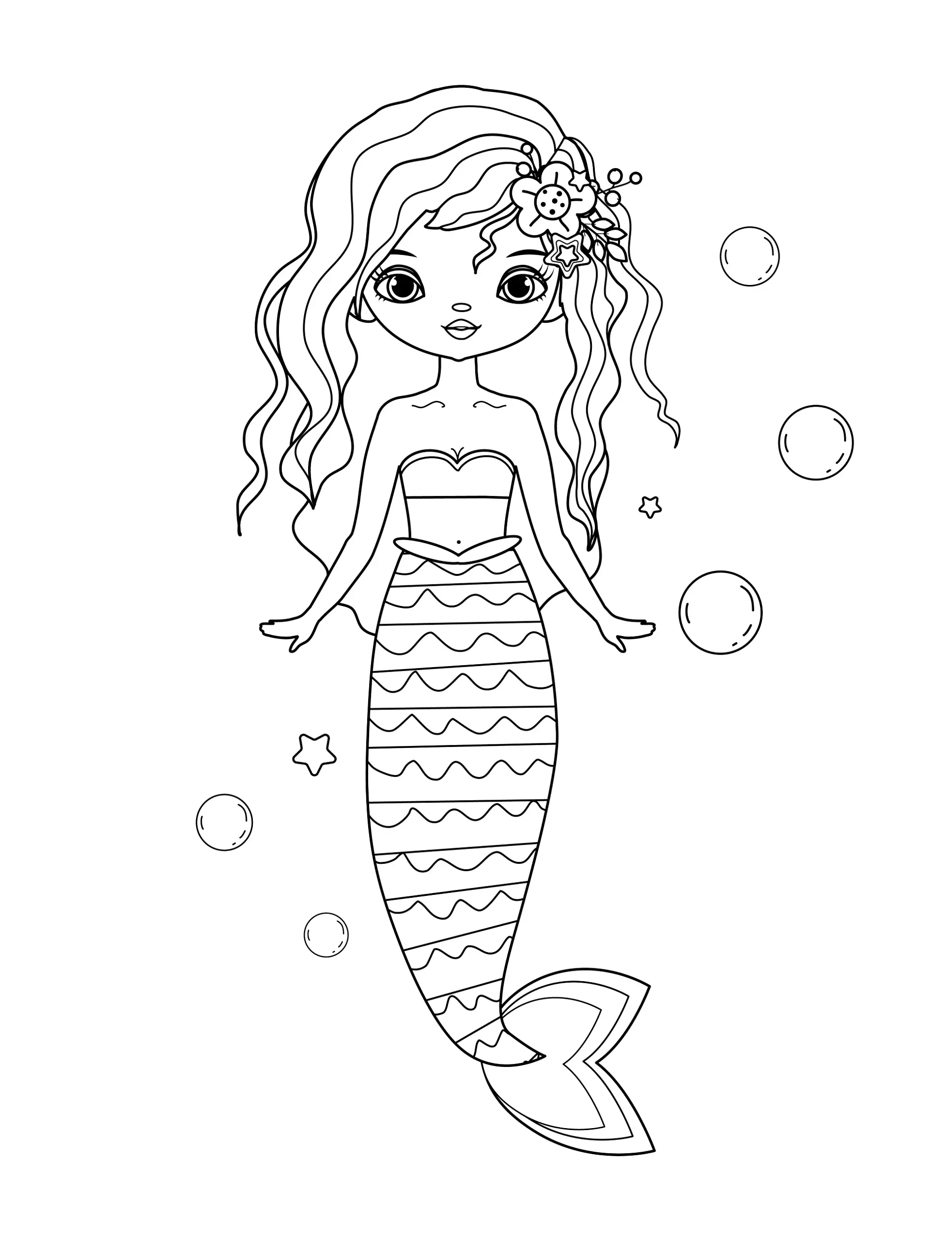 Ausmalbild Meerjungfrau mit welligem Haar und Blumen im Haar