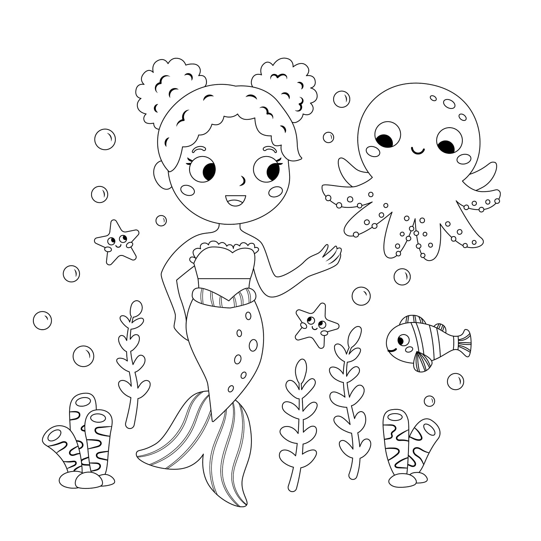 Ausmalbild Meerjungfrau mit zwei Haarknoten spielt mit Oktopus und Fischen
