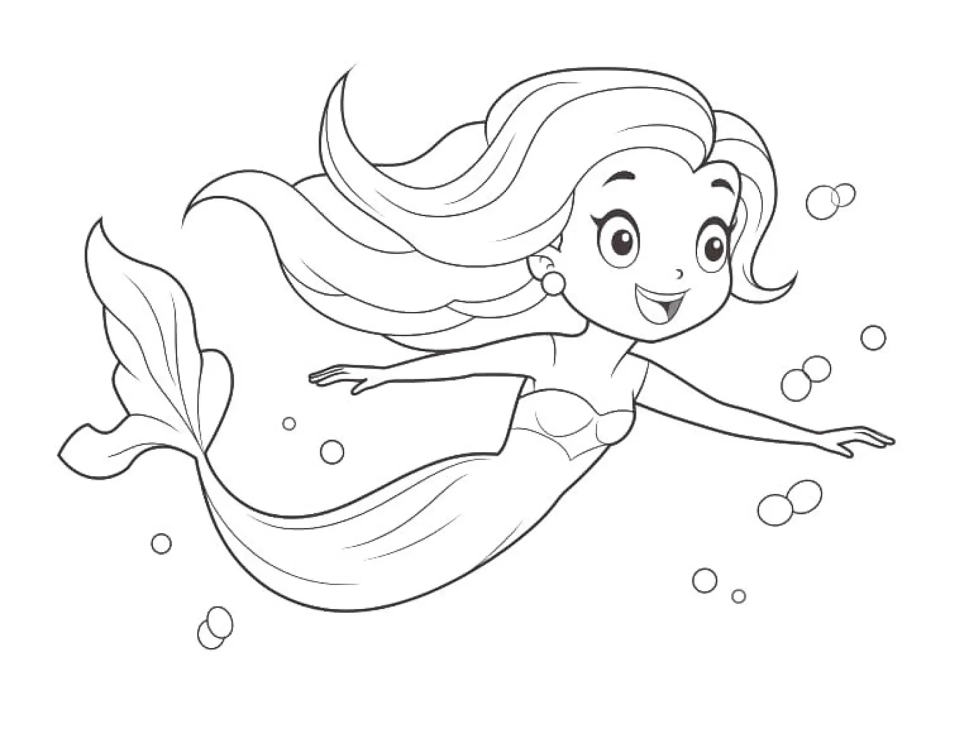 Ausmalbild Meerjungfrau schwimmt fröhlich im Wasser