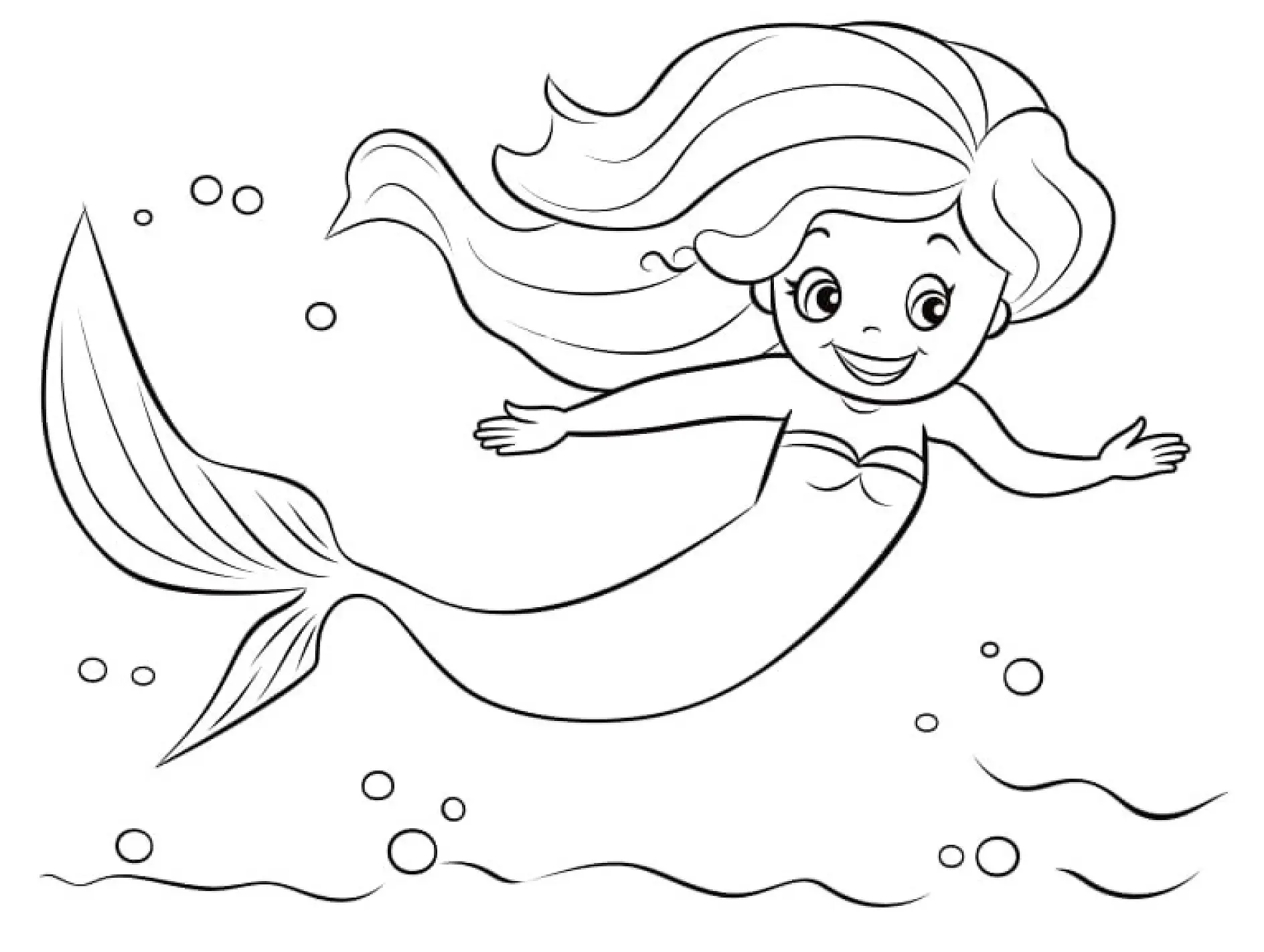 Ausmalbild Meerjungfrau schwimmt mit Blubberblasen