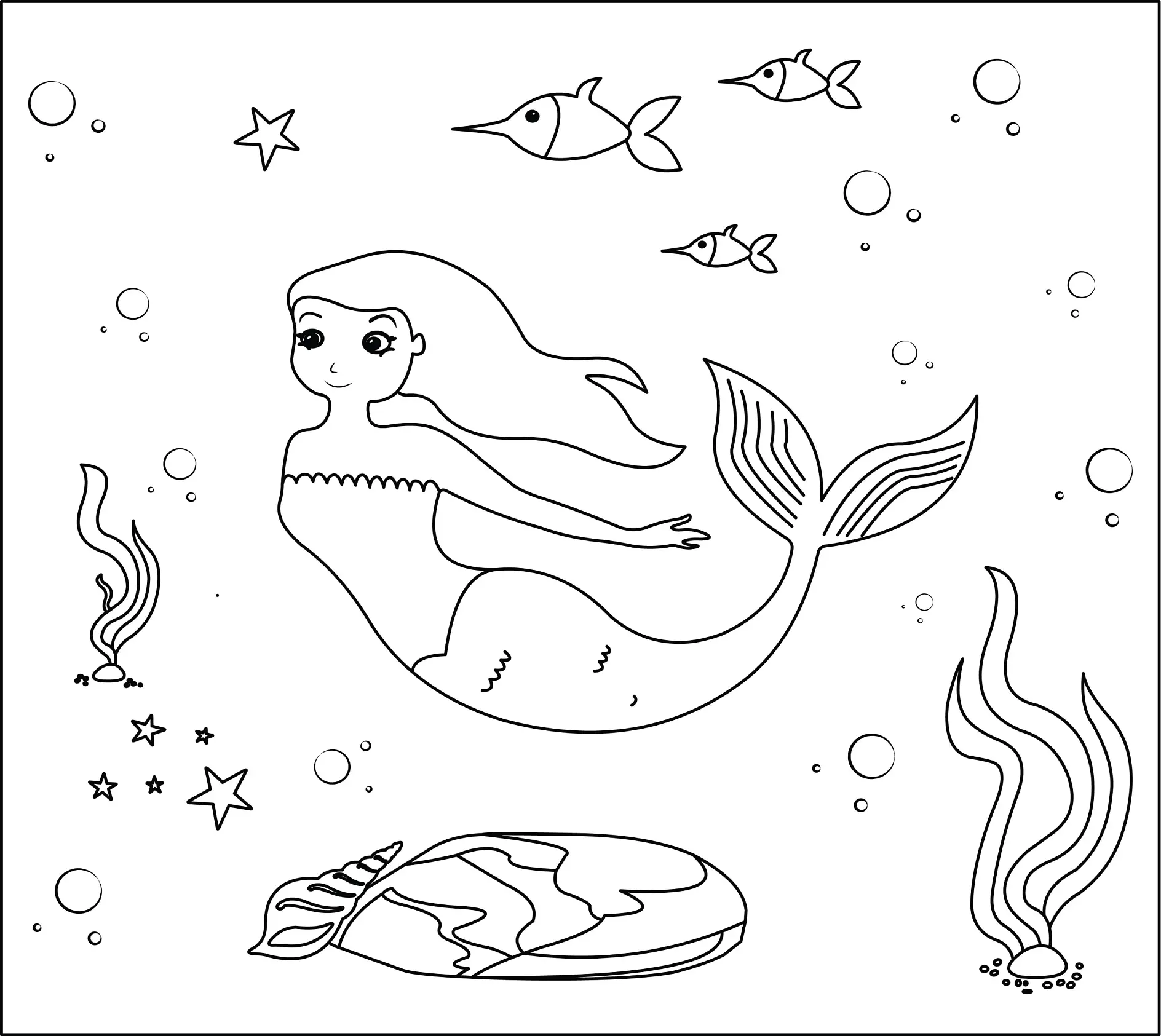 Ausmalbild Meerjungfrau schwimmt mit Fischen und Seesternen