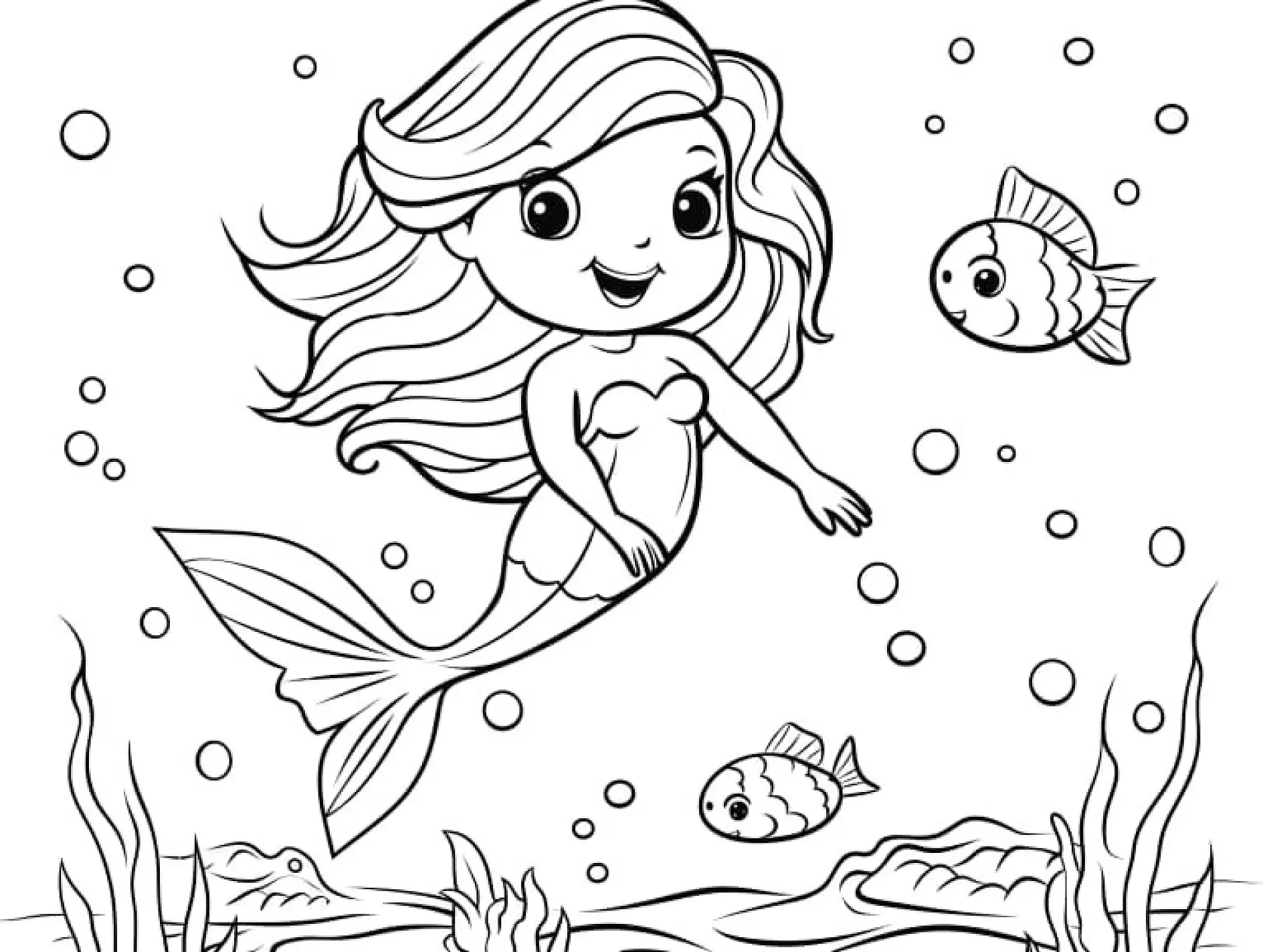 Ausmalbild Meerjungfrau schwimmt mit zwei Fischen und lächelt