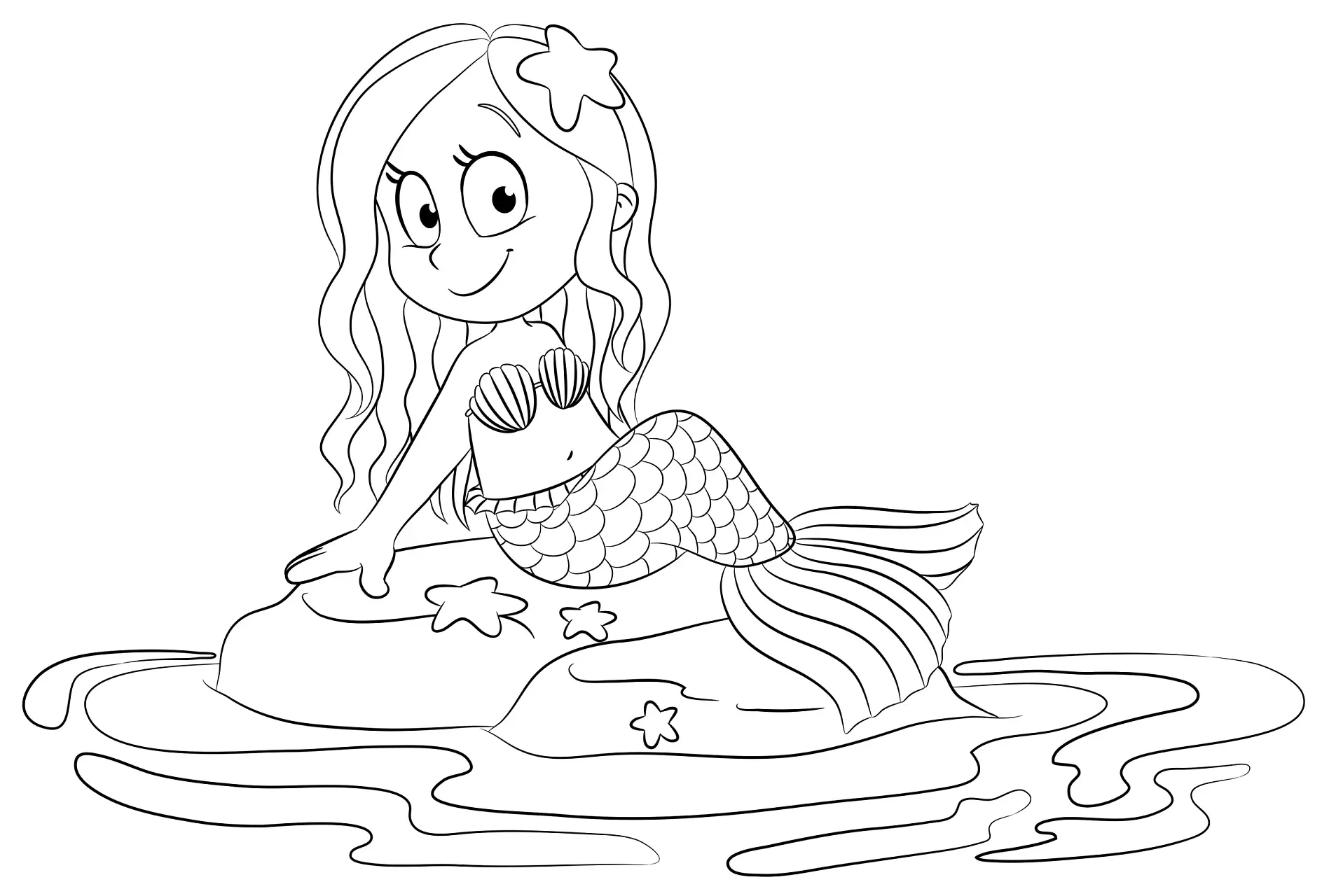 Ausmalbild Meerjungfrau sitzt auf einem Felsen im Wasser und lächelt