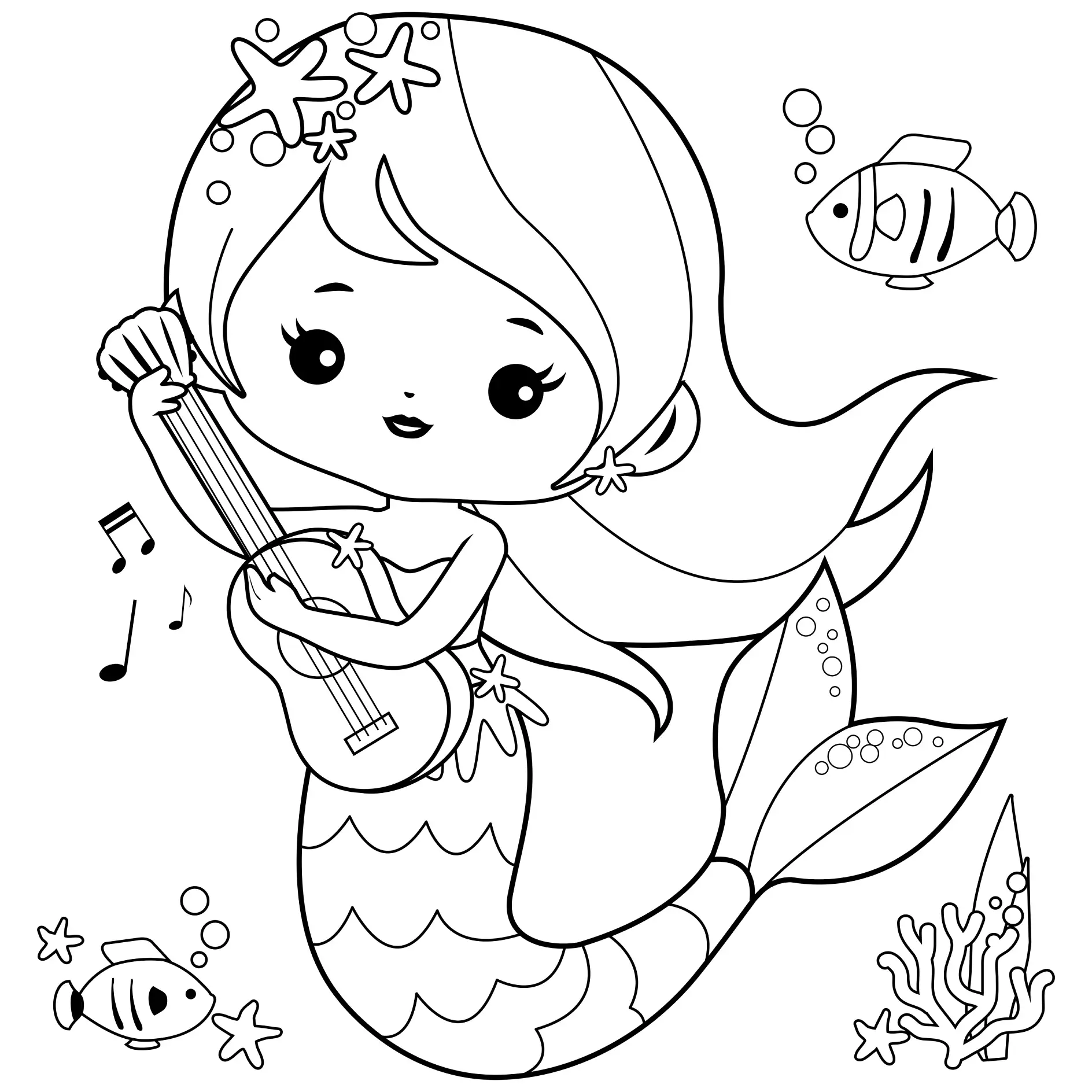 Ausmalbild Meerjungfrau spielt Gitarre umgeben von Fischen und Noten