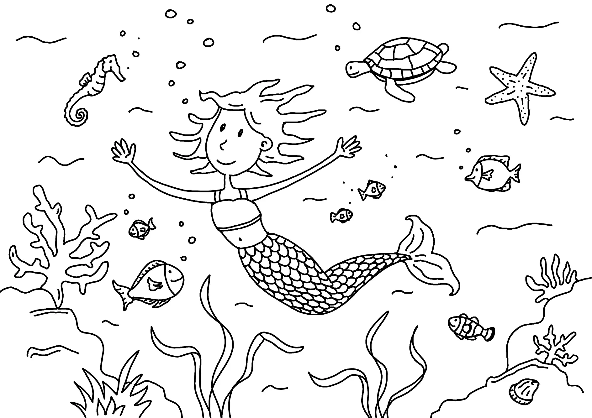 Ausmalbild Meerjungfrau umgeben von Fischen und Meerestieren