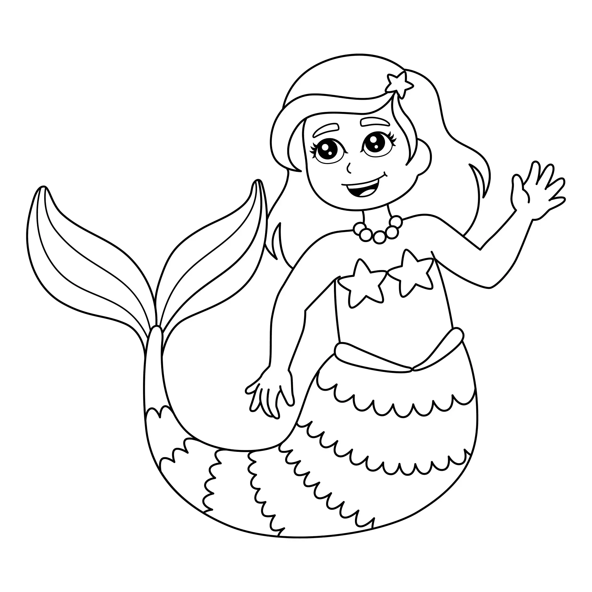 Ausmalbild Meerjungfrau winkt fröhlich mit Sternenoberteil und Perlenkette