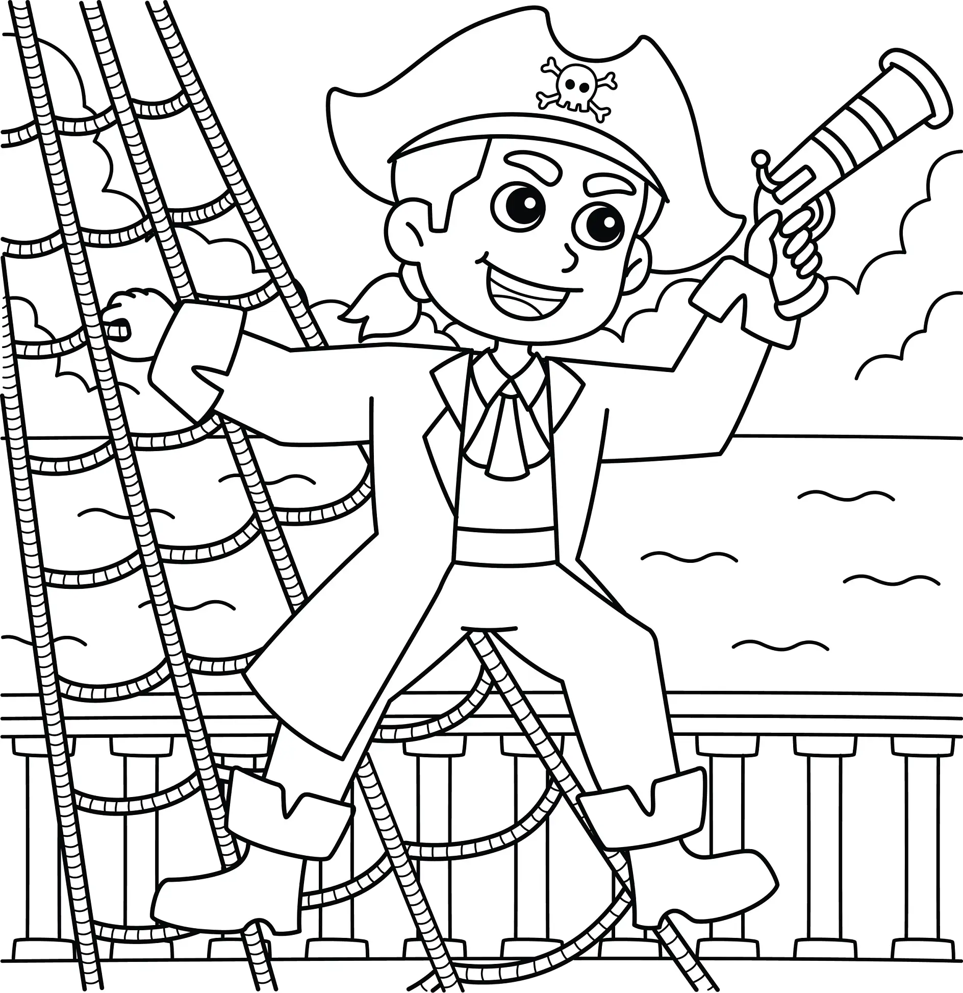 Ausmalbild Pirat klettert im Mast mit Fernrohr in Hand