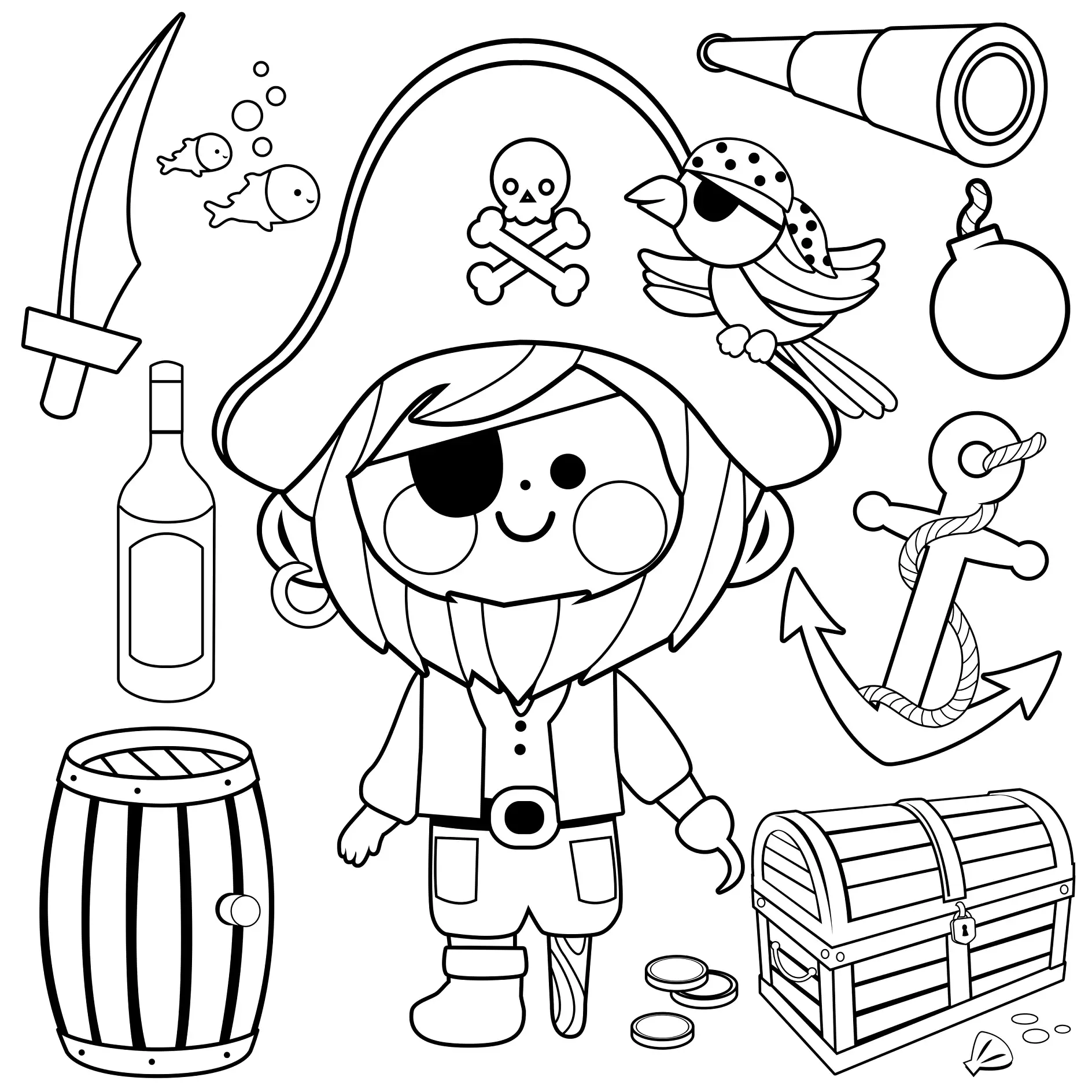 Ausmalbild Pirat mit Augenklappe und Piratenutensilien umgeben