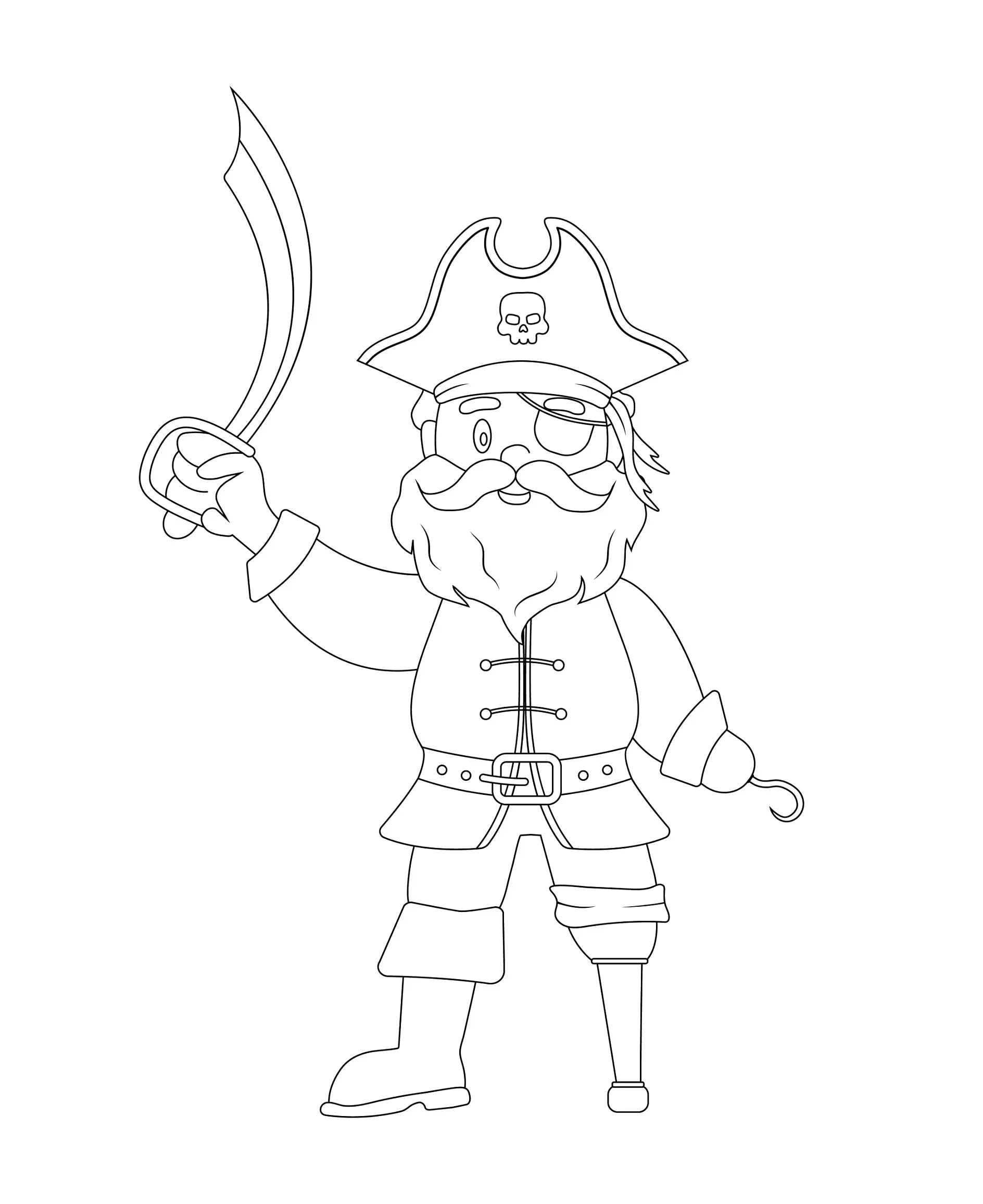 Ausmalbild Pirat mit Bart und Holzbein schwingt ein Schwert