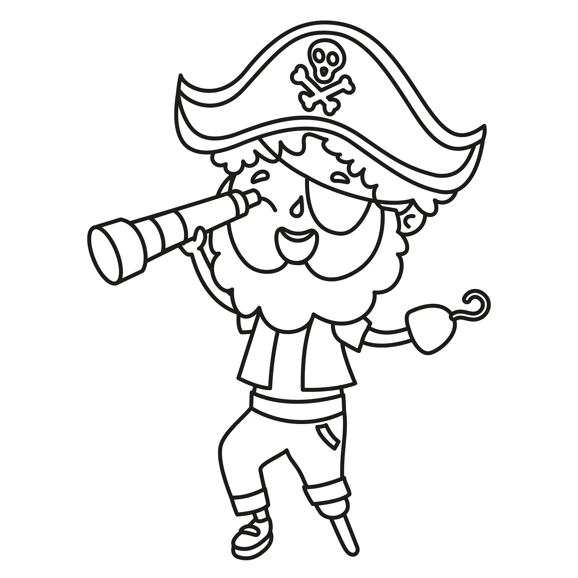 Ausmalbild Pirat mit Fernrohr und Hakenhand