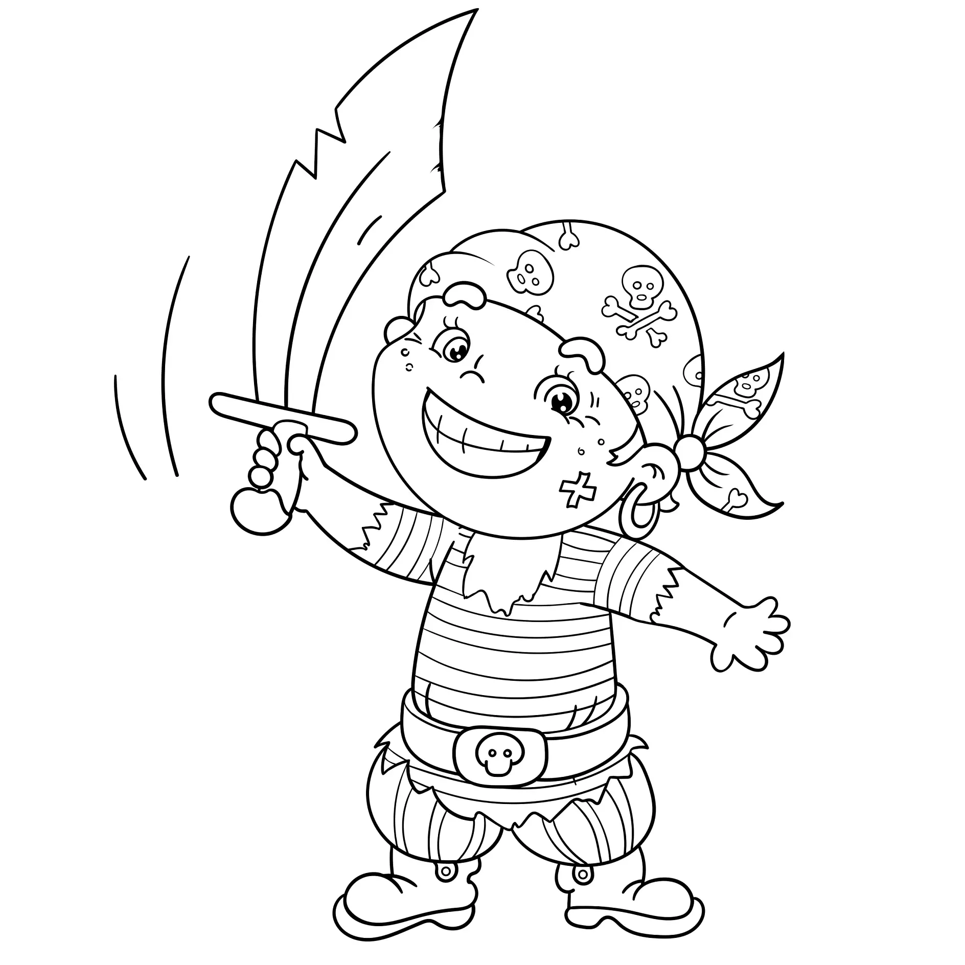 Ausmalbild Pirat mit Kopftuch und erhobenem Schwert