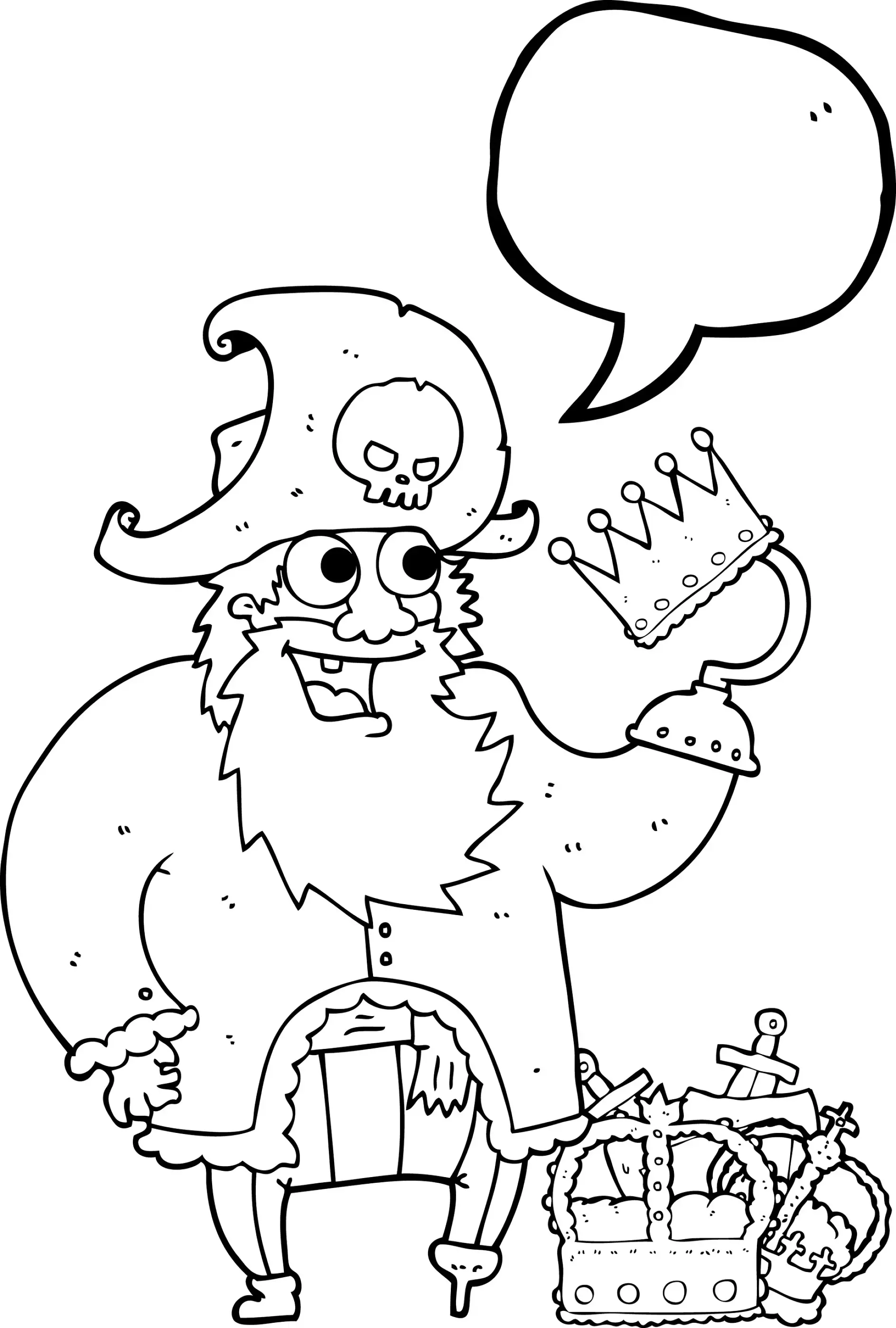 Ausmalbild Pirat mit Krone und Schatzkiste hält Rede