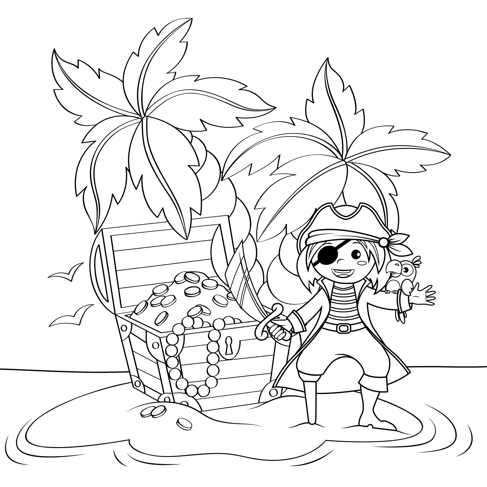 Ausmalbild Pirat mit Schatzkiste und Papagei unter Palmen