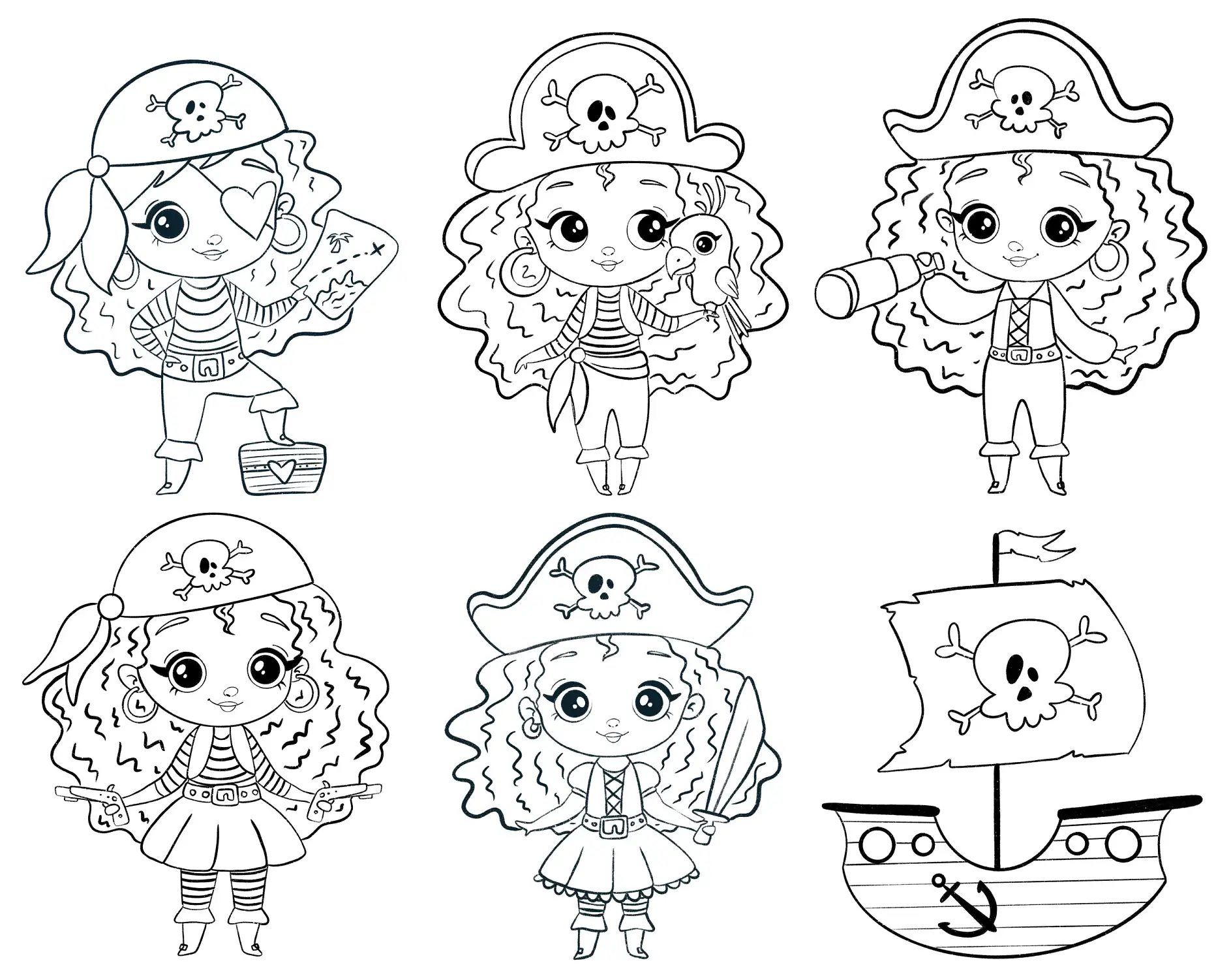 Ausmalbild Piraten mit verschiedenen Gegenständen und Schiff