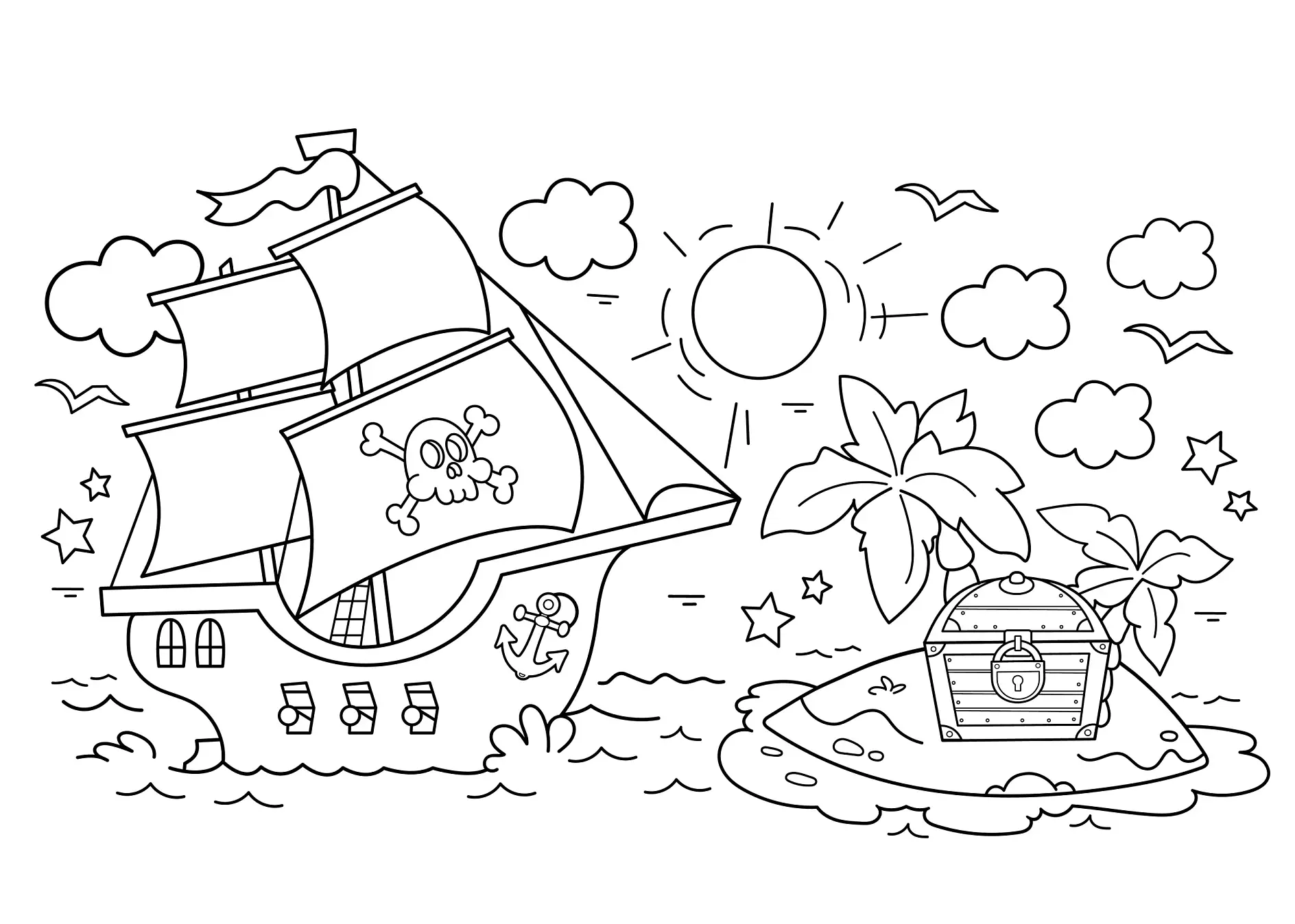 Ausmalbild Piratenschiff segelt zu Insel mit Schatztruhe