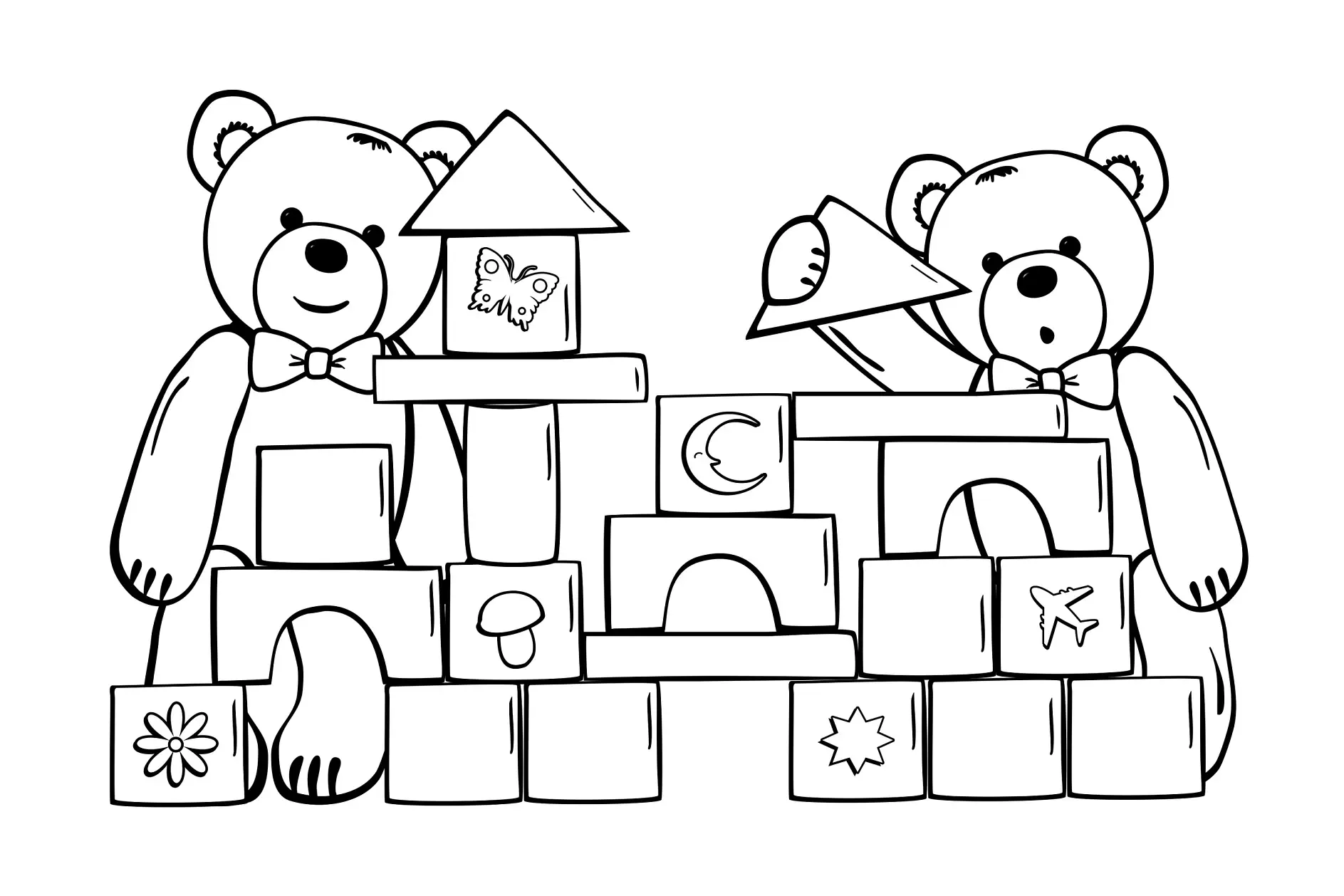 Ausmalbild zwei Bären bauen mit Bauklötzen