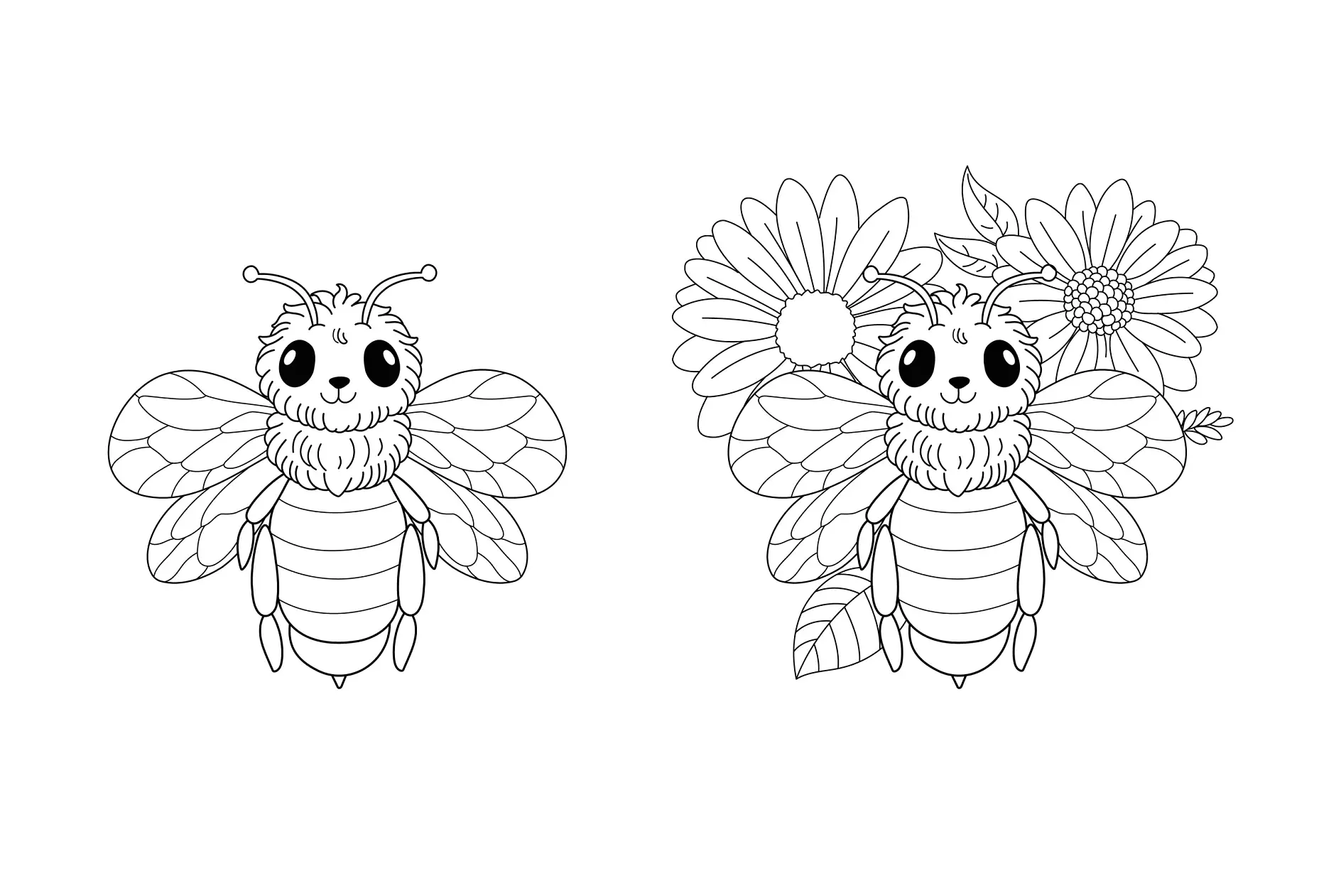 Ausmalbild zwei Bienen mit Blumen im Hintergrund