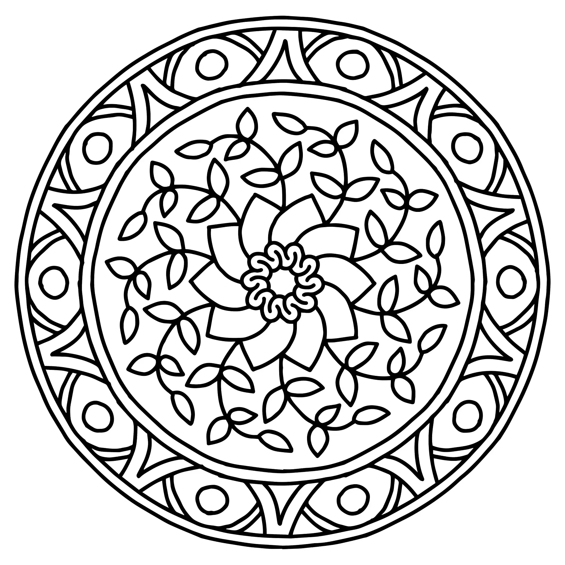 Ausmalbild Mandala mit Blume und Blättern
