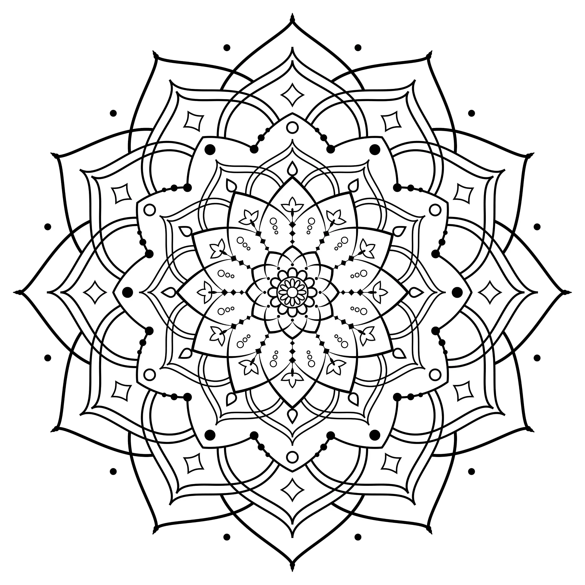 Ausmalbild Mandala mit sternförmigen und floralen Elementen