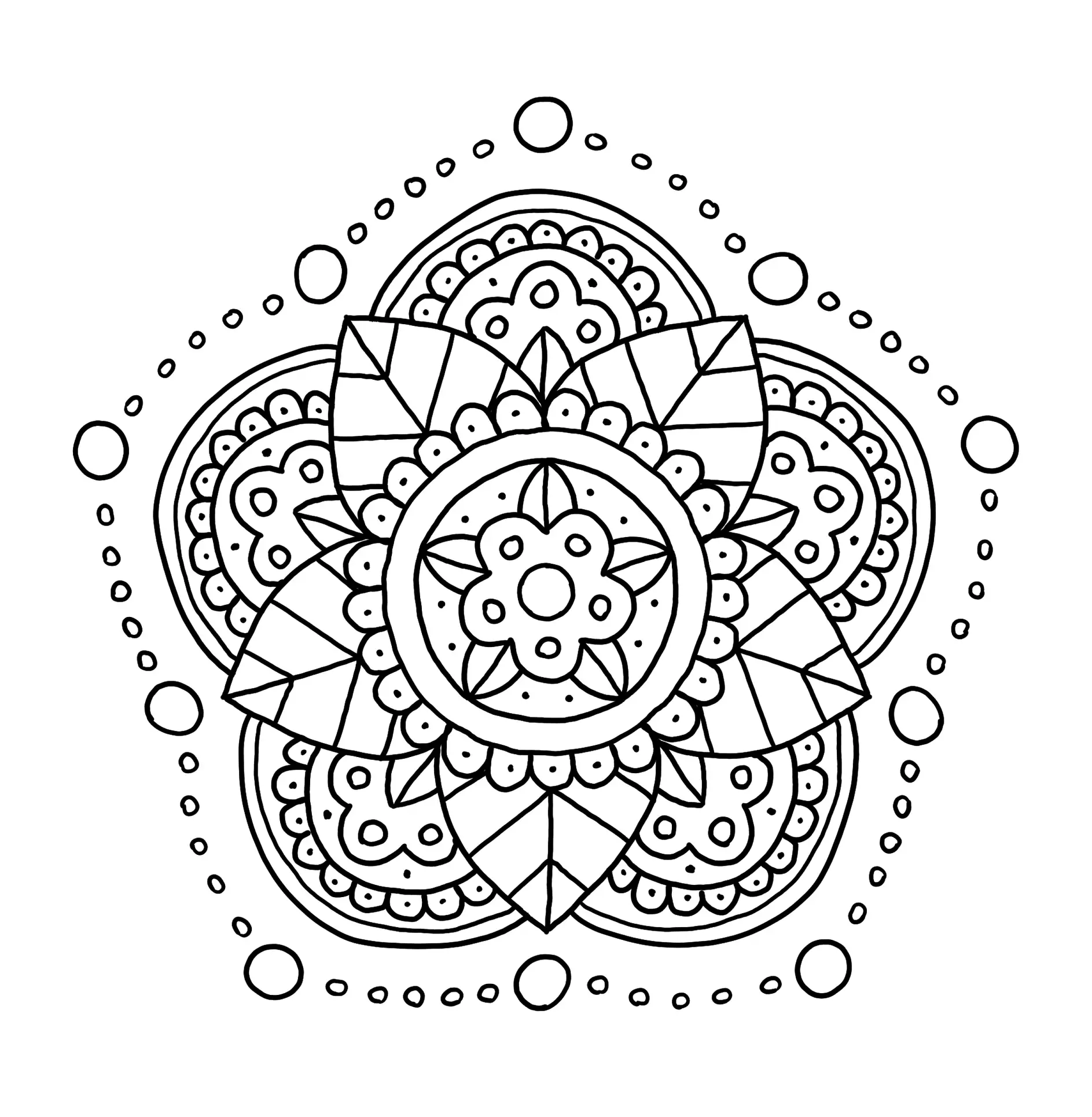 Ausmalbild Mandala mit symmetrischen Blütenmustern und Punkten