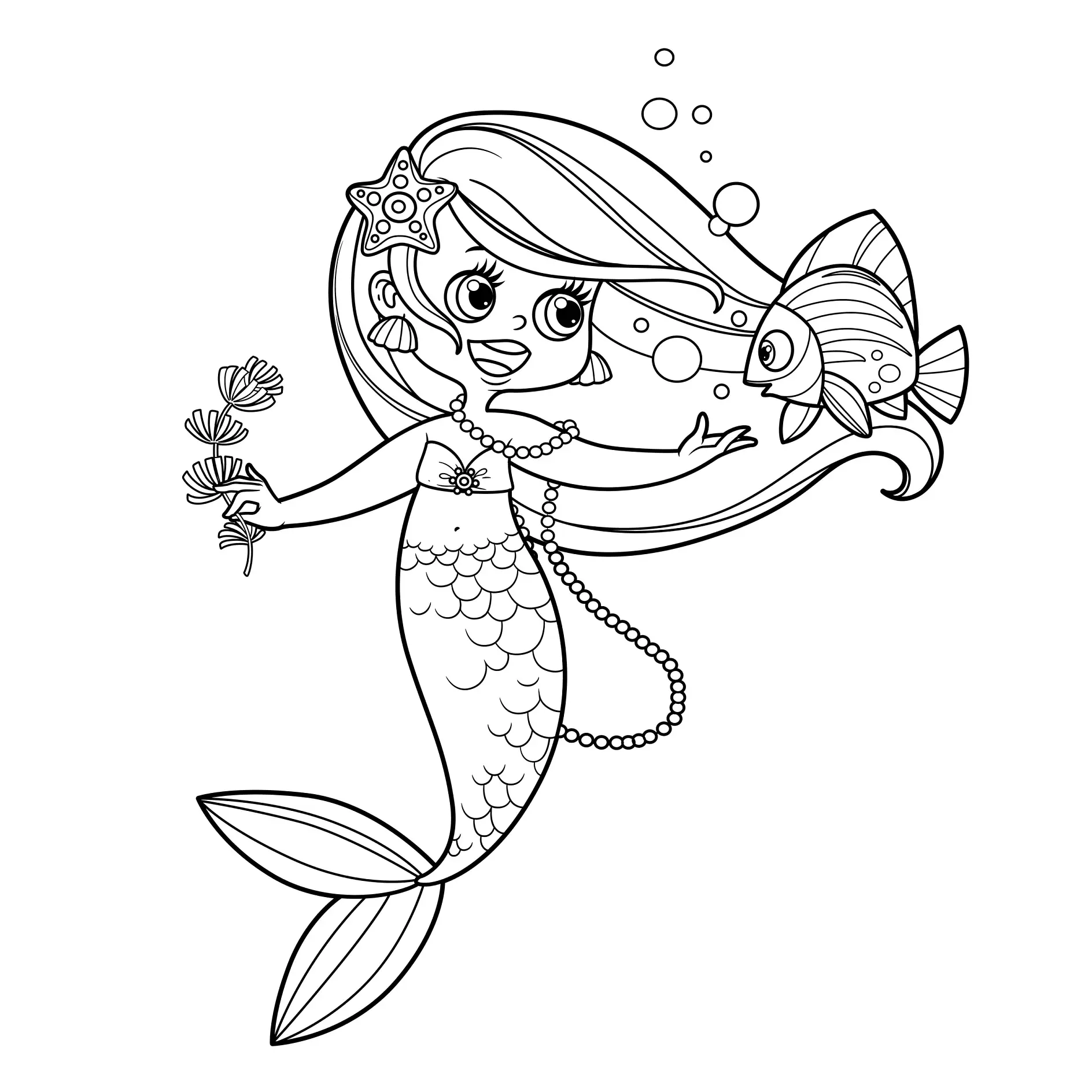 Ausmalbild Meerjungfrau hält eine Blume und spricht mit einem Fisch