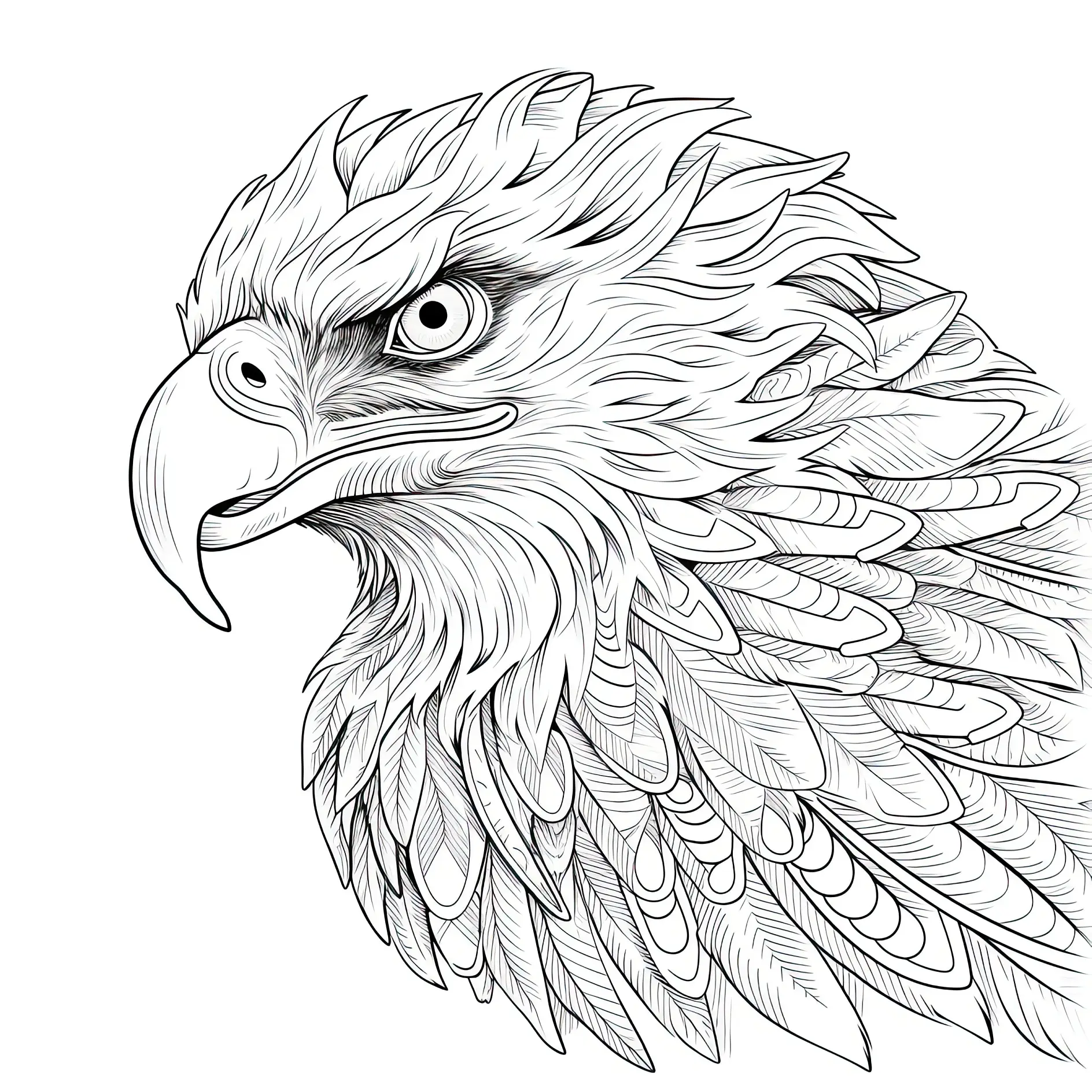Ausmalbild Adler detaillierte Kopfansicht mit intensiven Augen und Federmuster