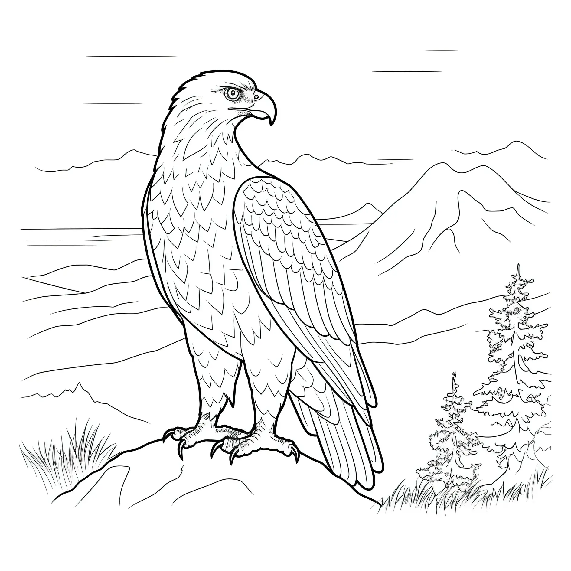 Ausmalbild Adler steht majestätisch auf Felsen mit Berglandschaft im Hintergrund