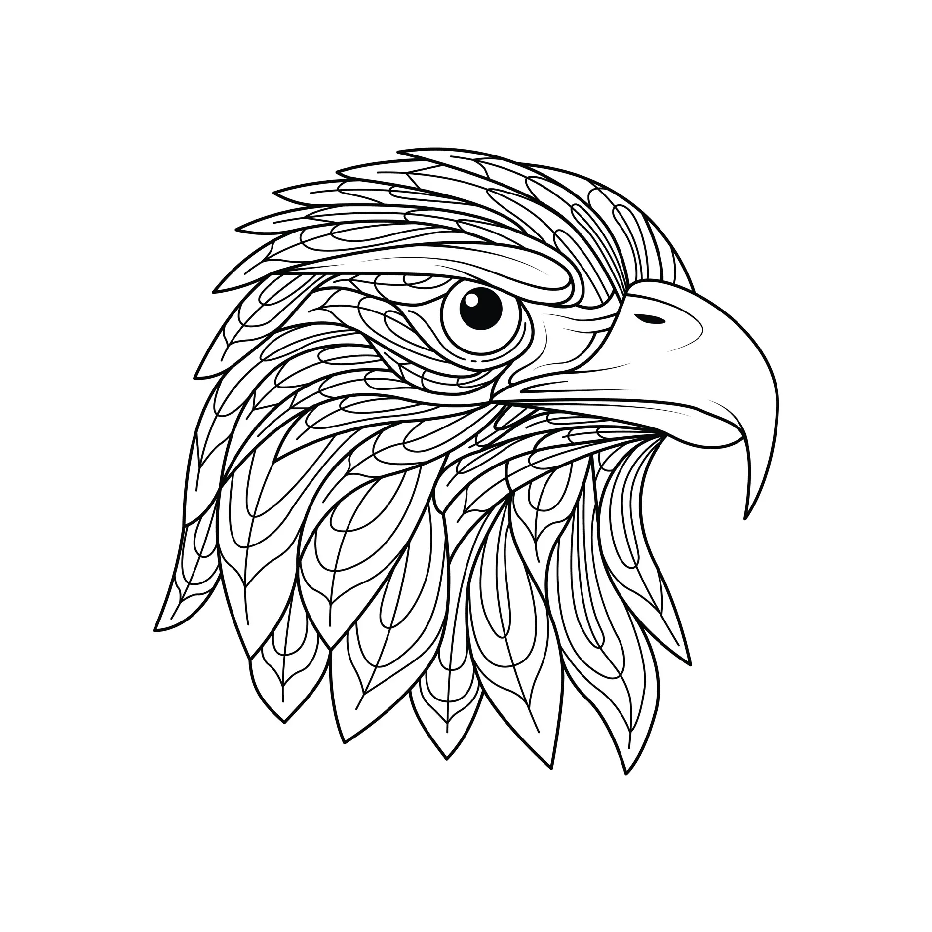 Ausmalbild Adlerkopf mit kunstvollen, detaillierten Federn und aufmerksamem Blick