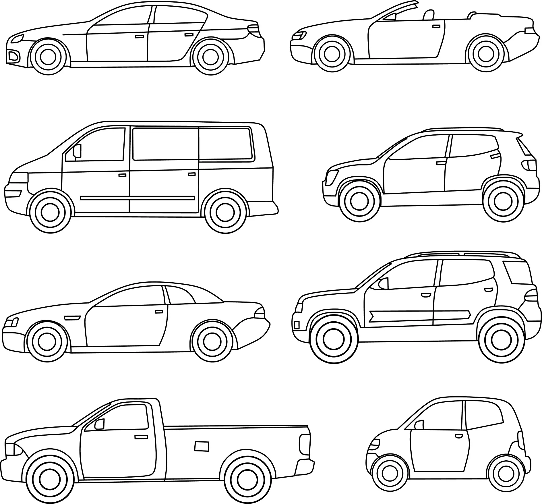 Ausmalbild Autos verschiedene Modelle von Limousinen bis Geländewagen