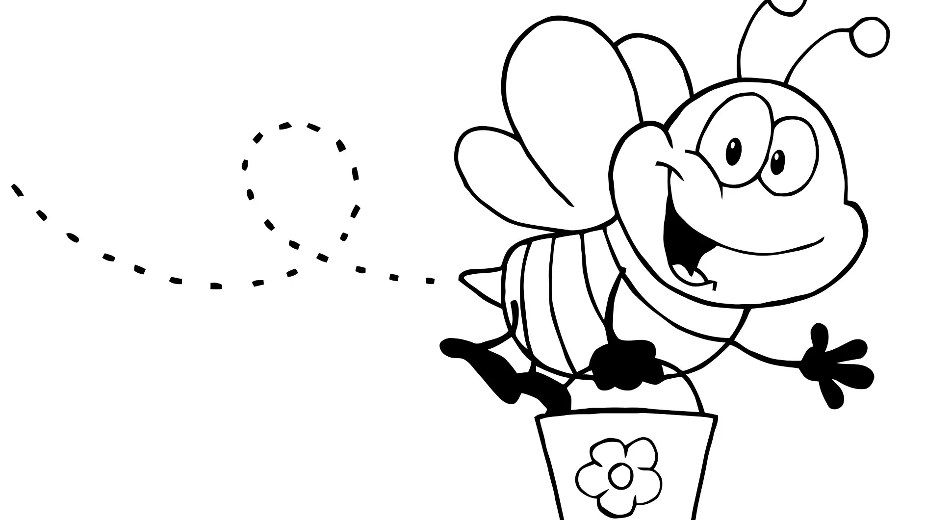 Ausmalbild Biene fliegt mit Eimer für Blumen