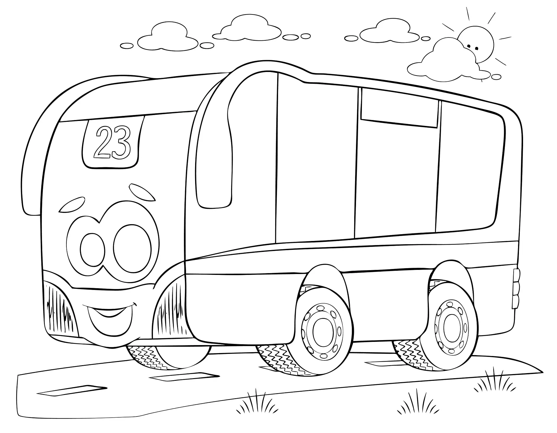 Ausmalbild Bus mit freundlichem Gesicht und Nummer 23
