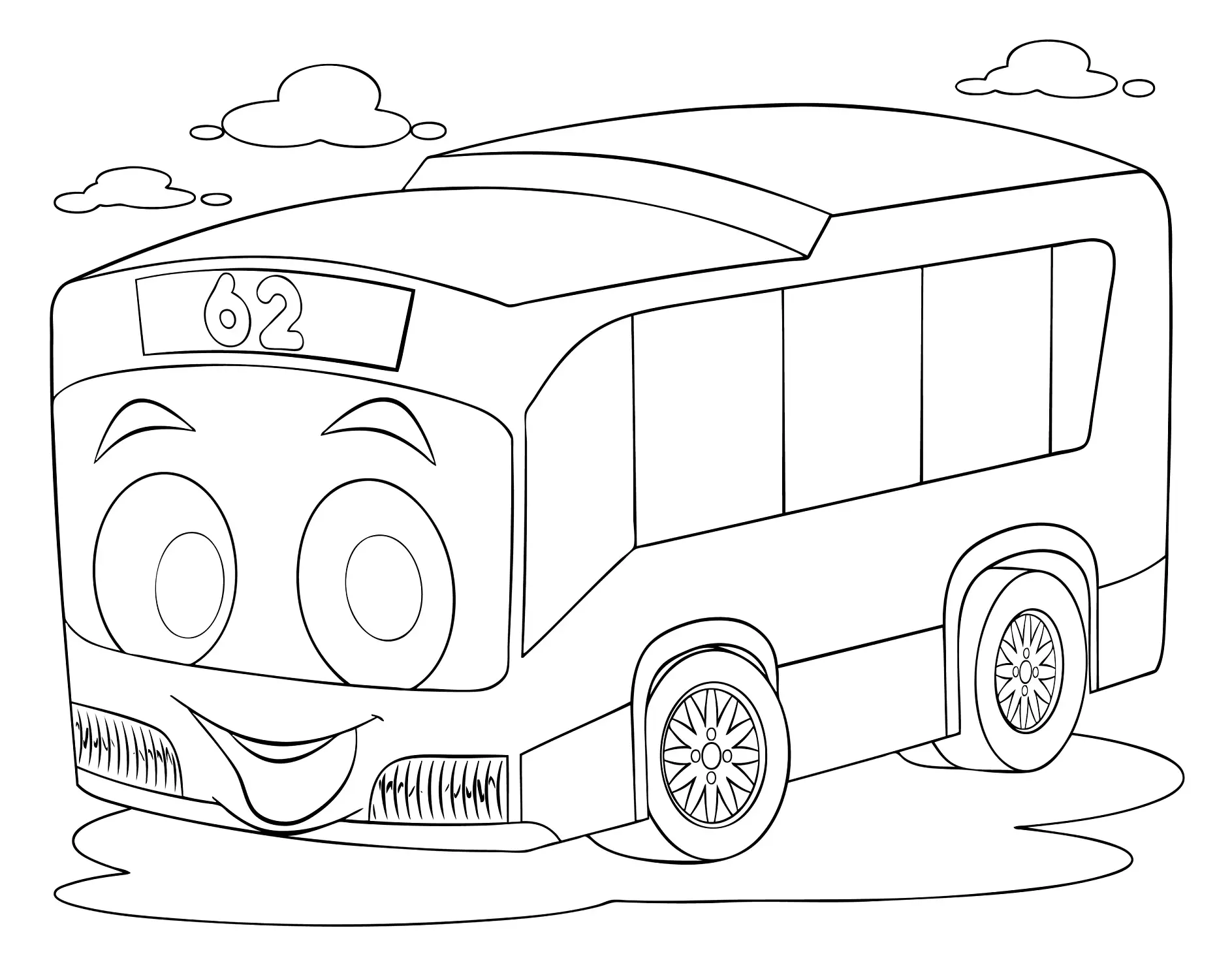 Ausmalbild Bus mit freundlichem Gesicht und Nummer 62